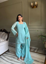 Elegant Swarovski Silk Kurta Palazzo Set with Dupatta for Festive and Party Wear