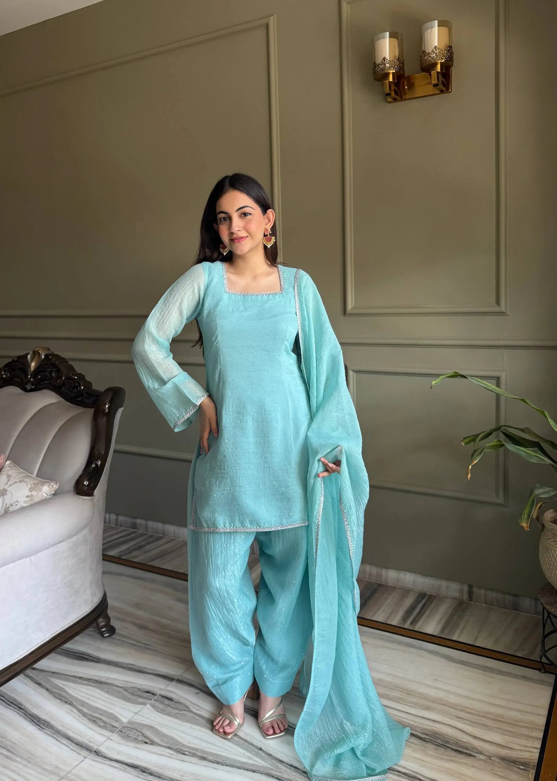Elegant Swarovski Silk Kurta Palazzo Set with Dupatta for Festive and Party Wear