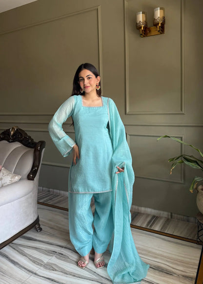 Elegant Swarovski Silk Kurta Palazzo Set with Dupatta for Festive and Party Wear