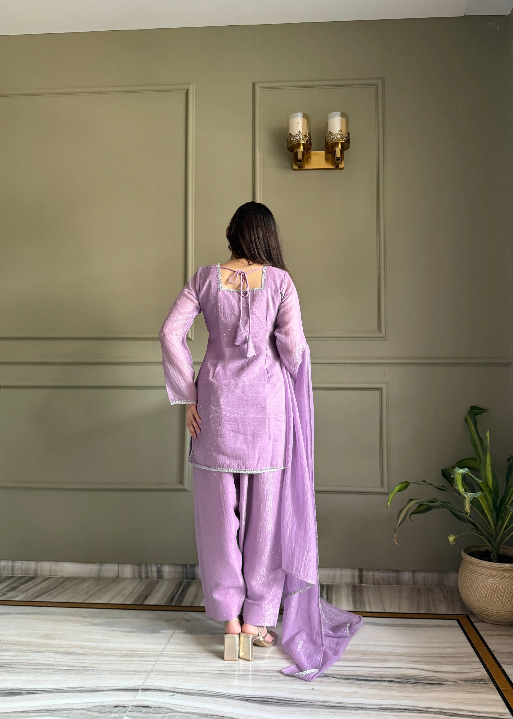 Elegant Swarovski Silk Kurta Palazzo Set with Dupatta for Festive and Party Wear