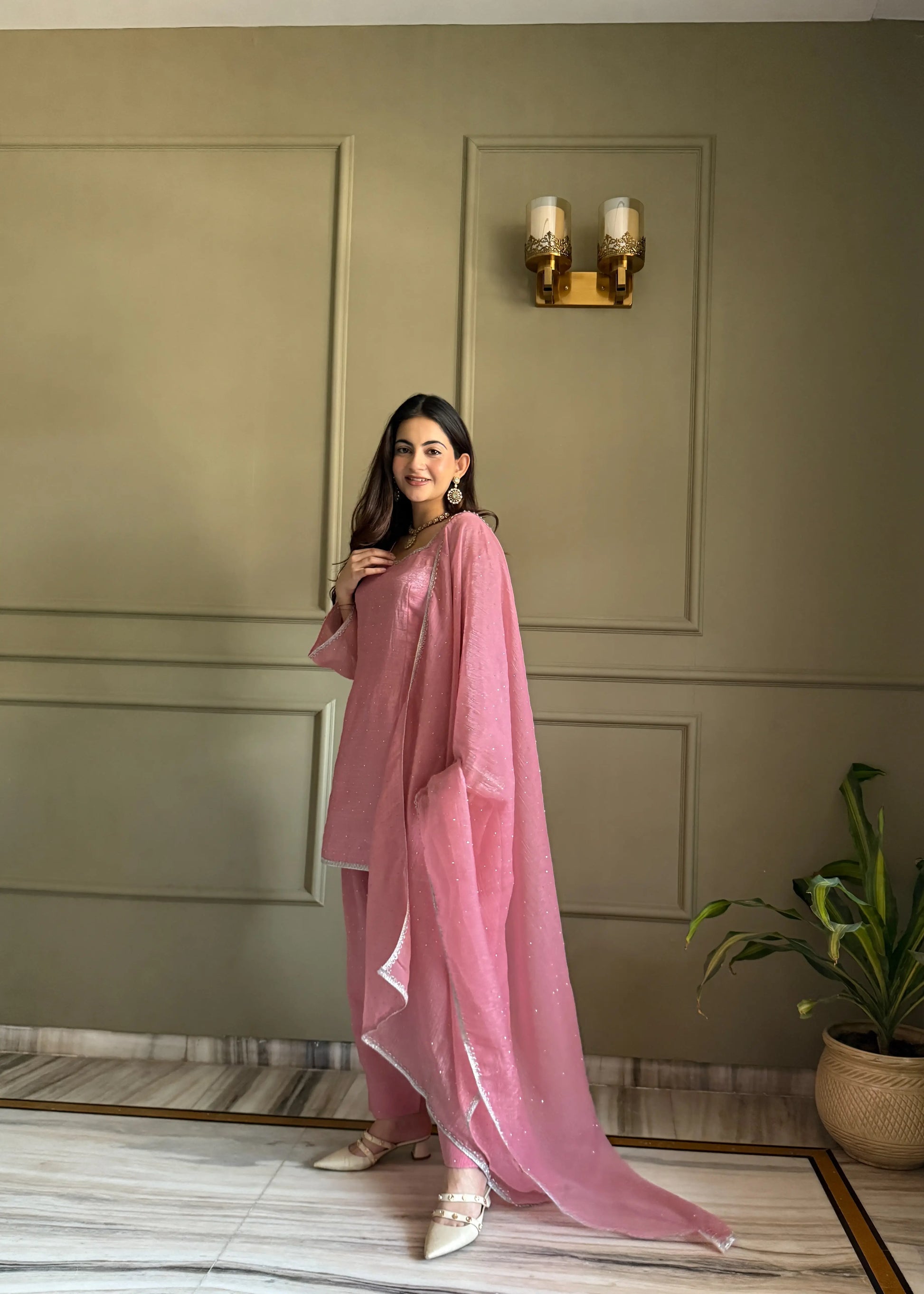 Elegant Swarovski Silk Kurta Palazzo Set with Dupatta for Festive and Party Wear