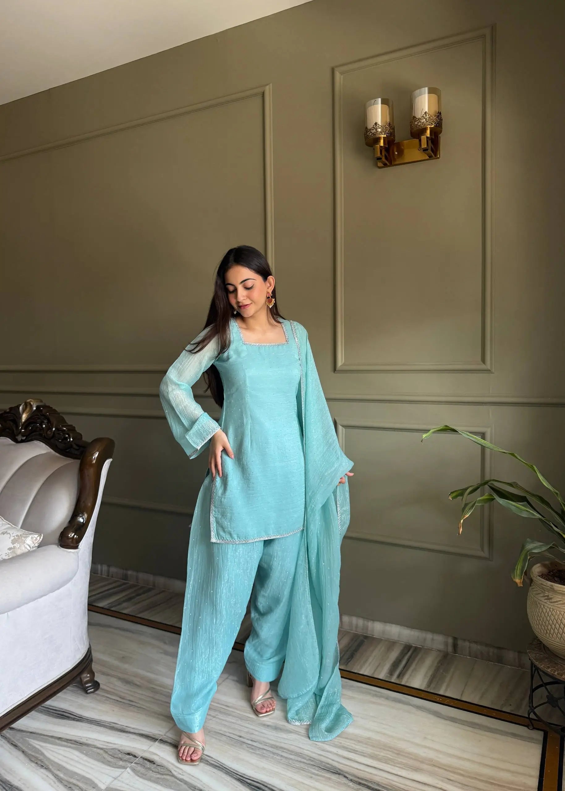 Elegant Swarovski Silk Kurta Palazzo Set with Dupatta for Festive and Party Wear