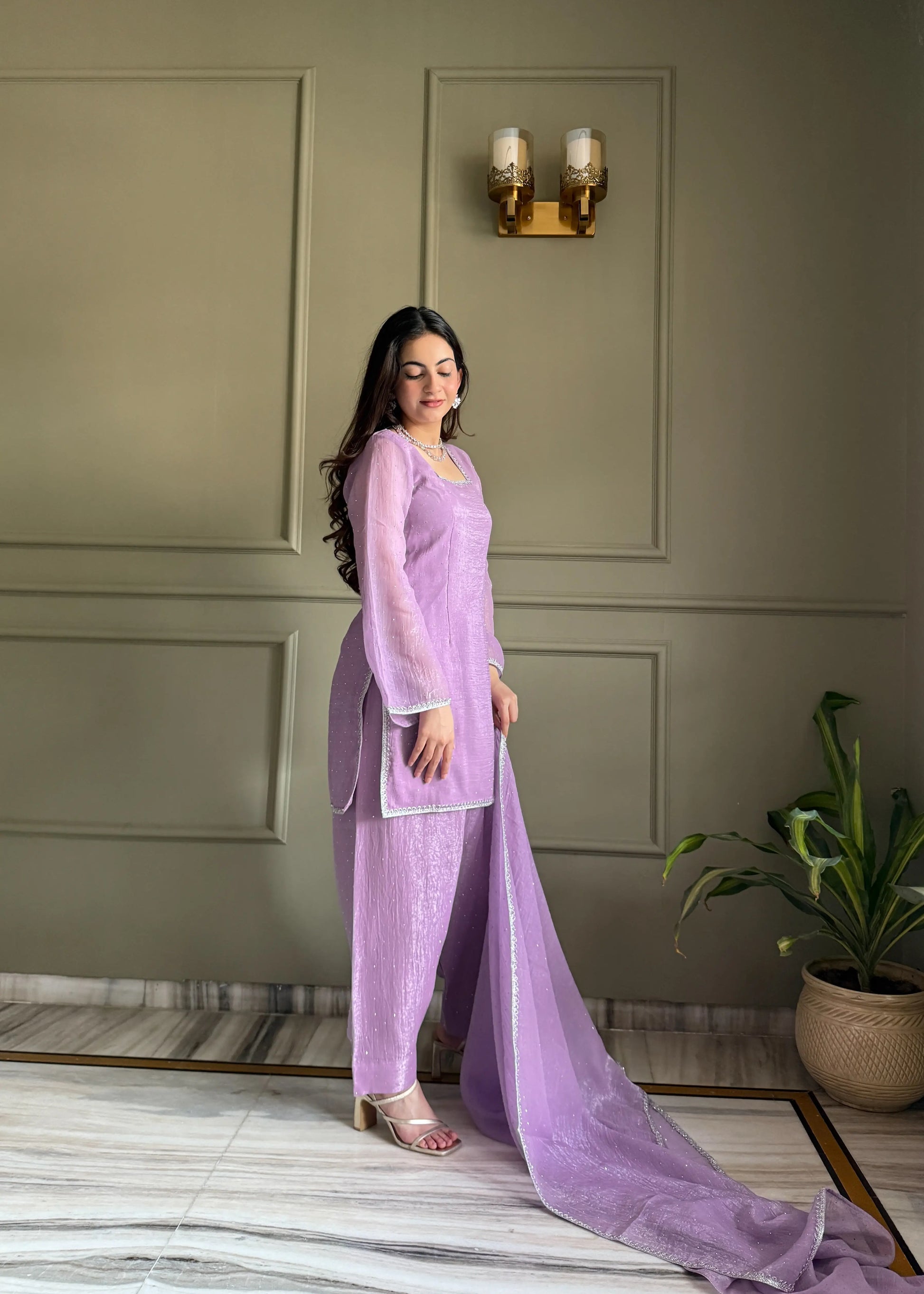 Elegant Swarovski Silk Kurta Palazzo Set with Dupatta for Festive and Party Wear