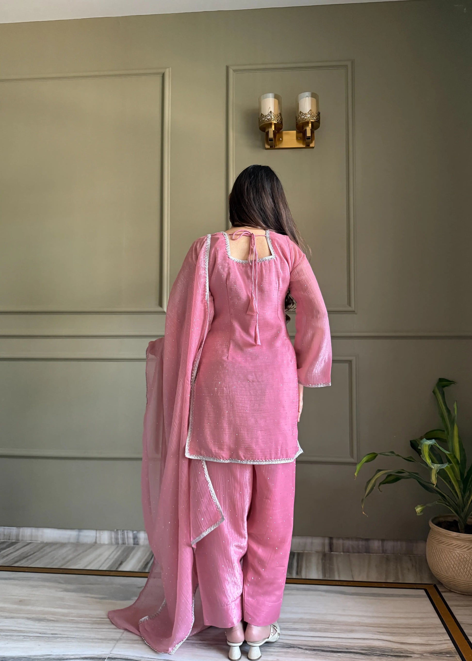 Elegant Swarovski Silk Kurta Palazzo Set with Dupatta for Festive and Party Wear