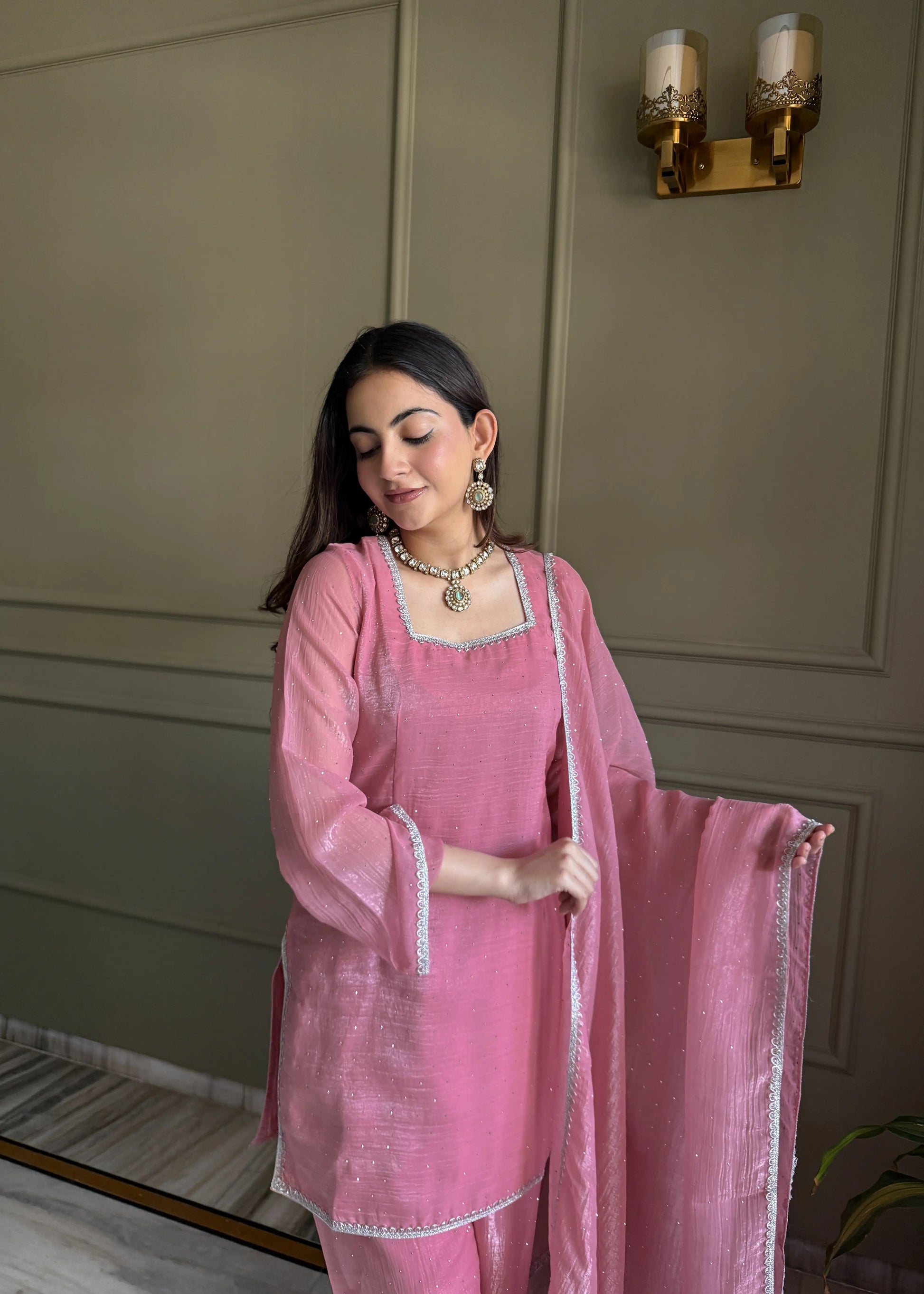 Elegant Swarovski Silk Kurta Palazzo Set with Dupatta for Festive and Party Wear