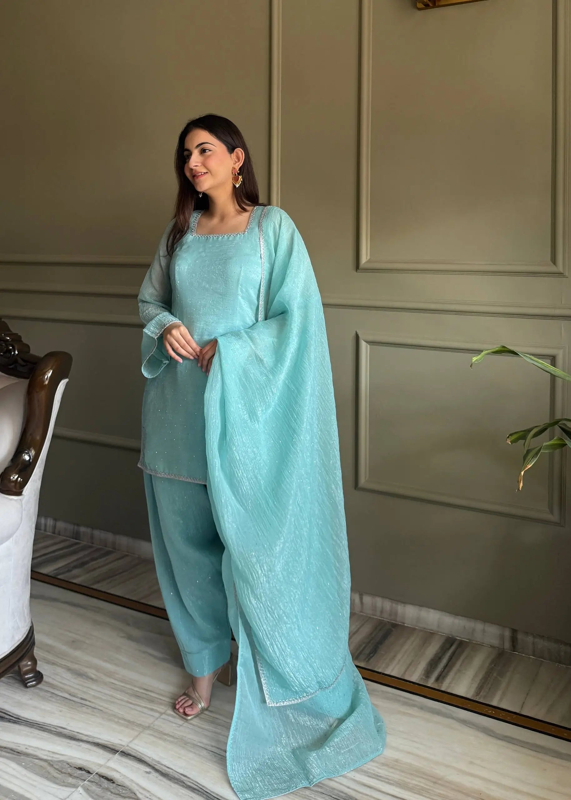 Elegant Swarovski Silk Kurta Palazzo Set with Dupatta for Festive and Party Wear