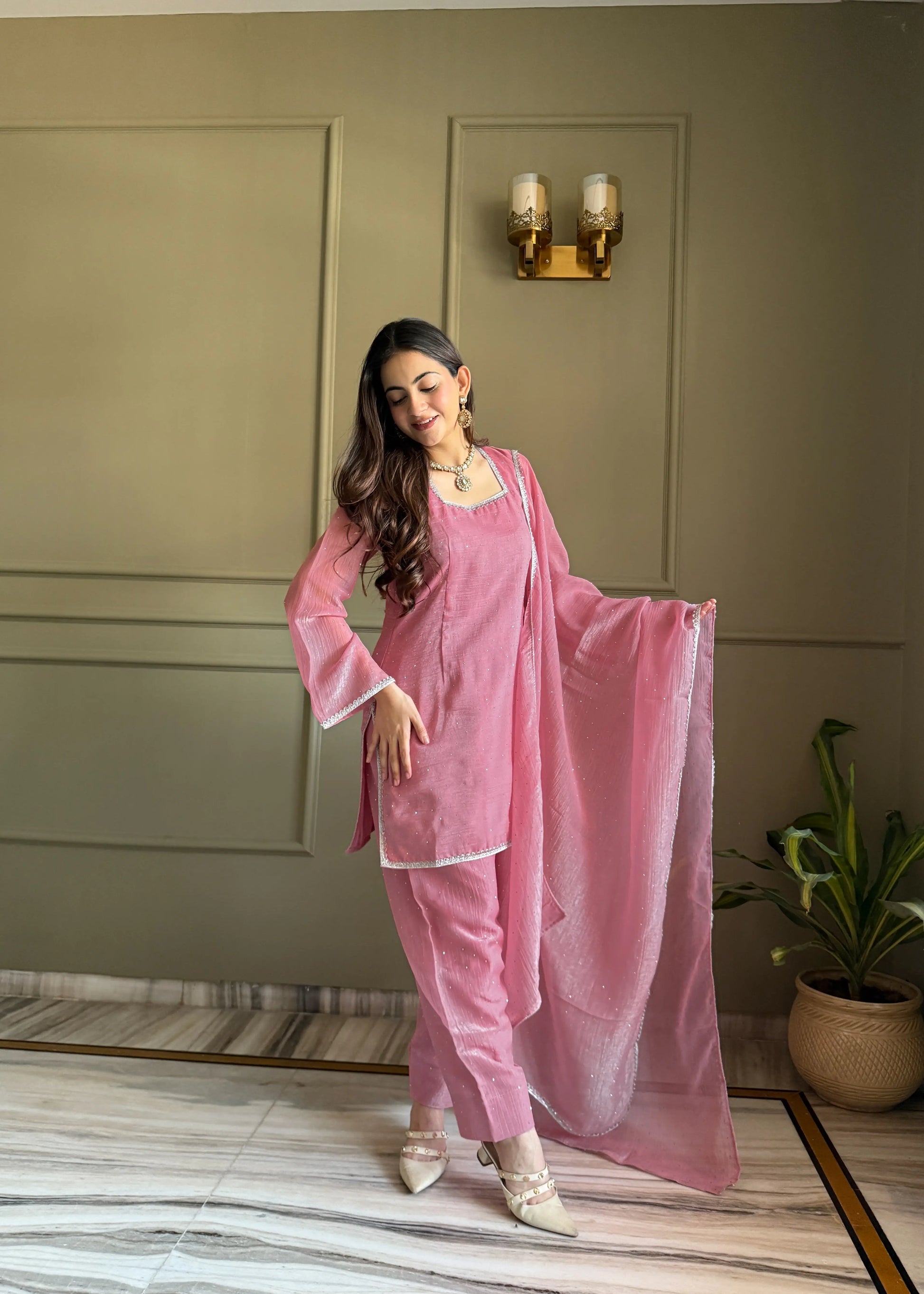 Elegant Swarovski Silk Kurta Palazzo Set with Dupatta for Festive and Party Wear