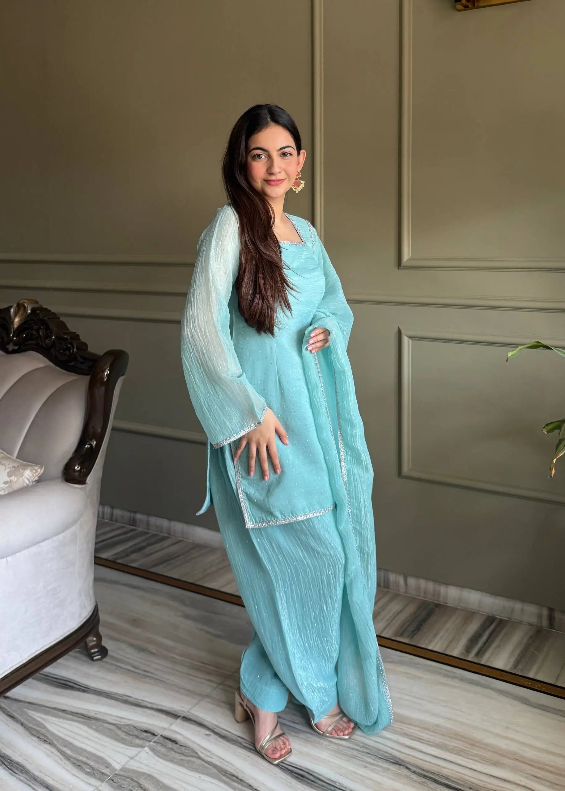 Elegant Swarovski Silk Kurta Palazzo Set with Dupatta for Festive and Party Wear