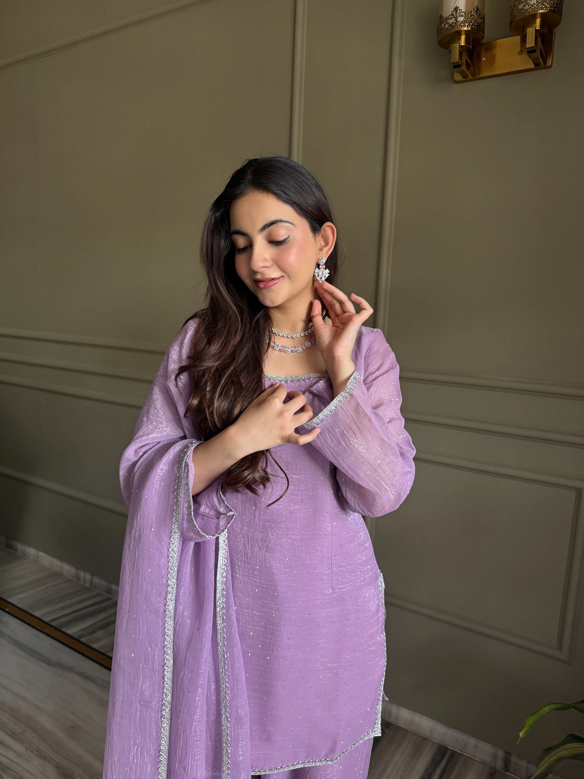 Elegant Swarovski Silk Kurta Palazzo Set with Dupatta for Festive and Party Wear