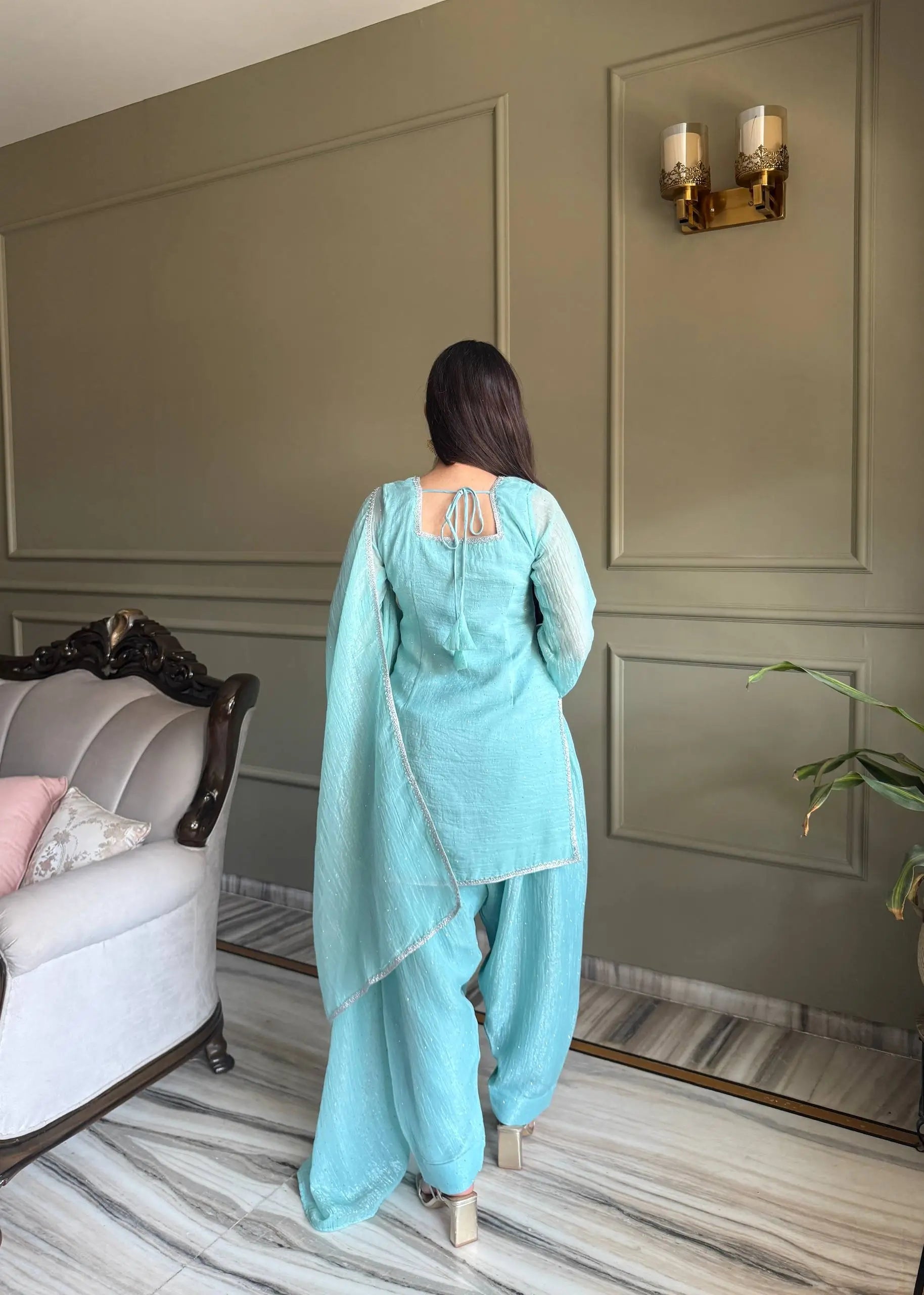 Elegant Swarovski Silk Kurta Palazzo Set with Dupatta for Festive and Party Wear