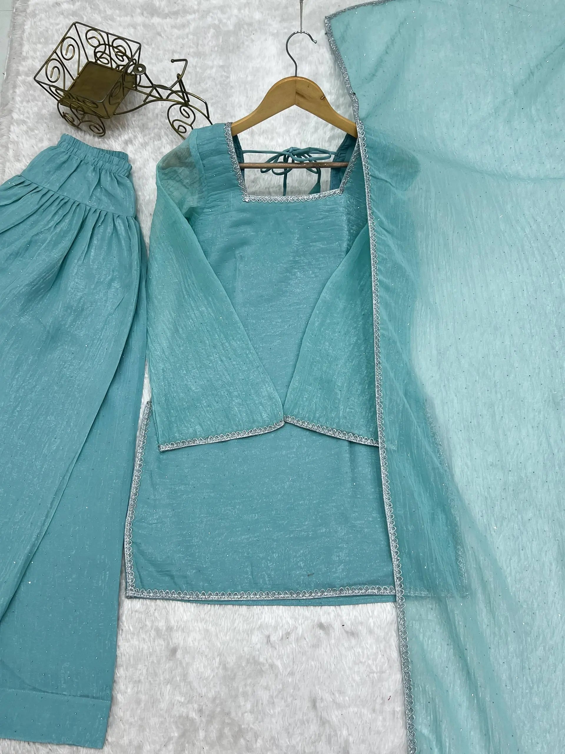 Elegant Swarovski Silk Kurta Palazzo Set with Dupatta for Festive and Party Wear