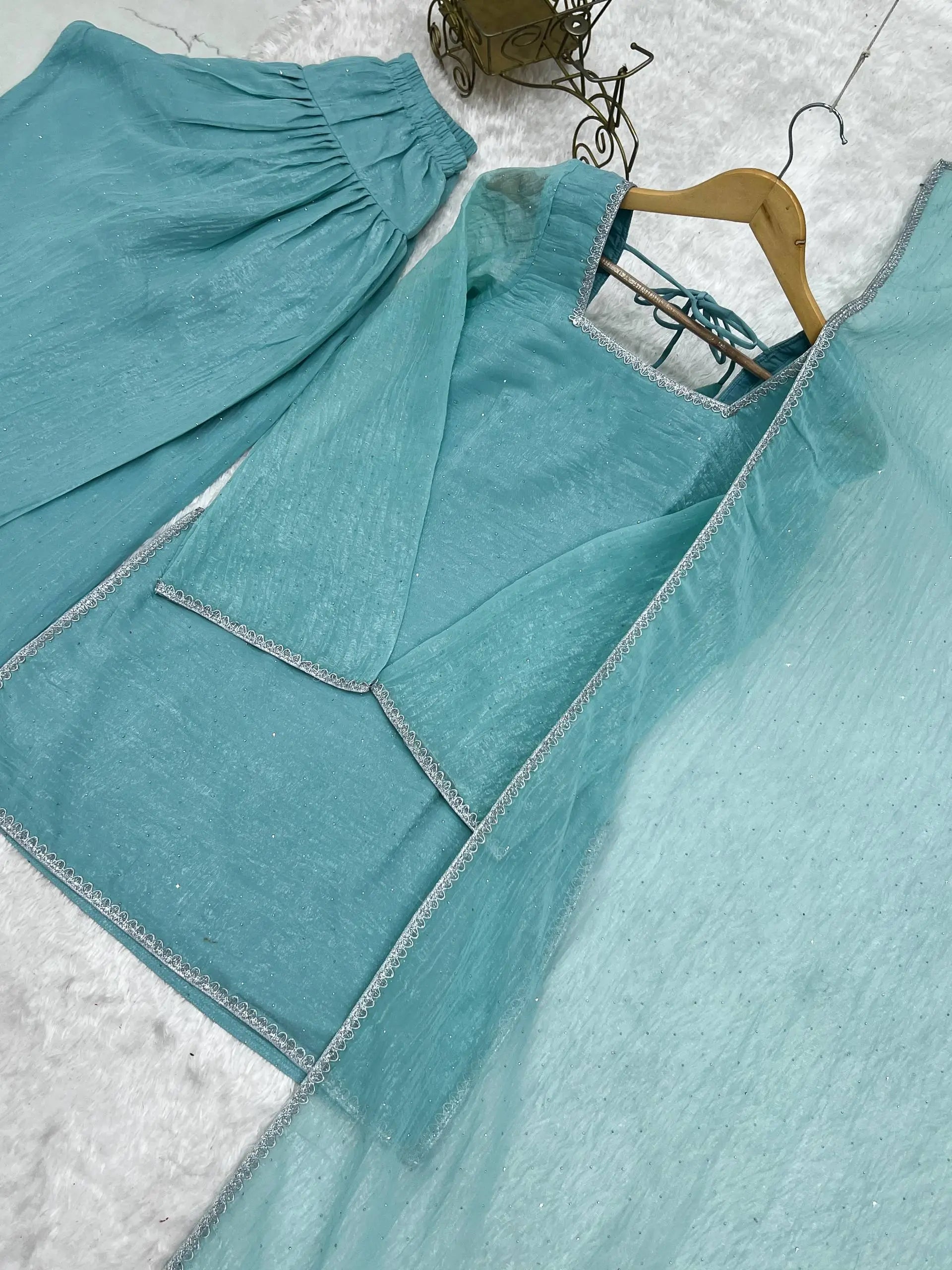 Elegant Swarovski Silk Kurta Palazzo Set with Dupatta for Festive and Party Wear