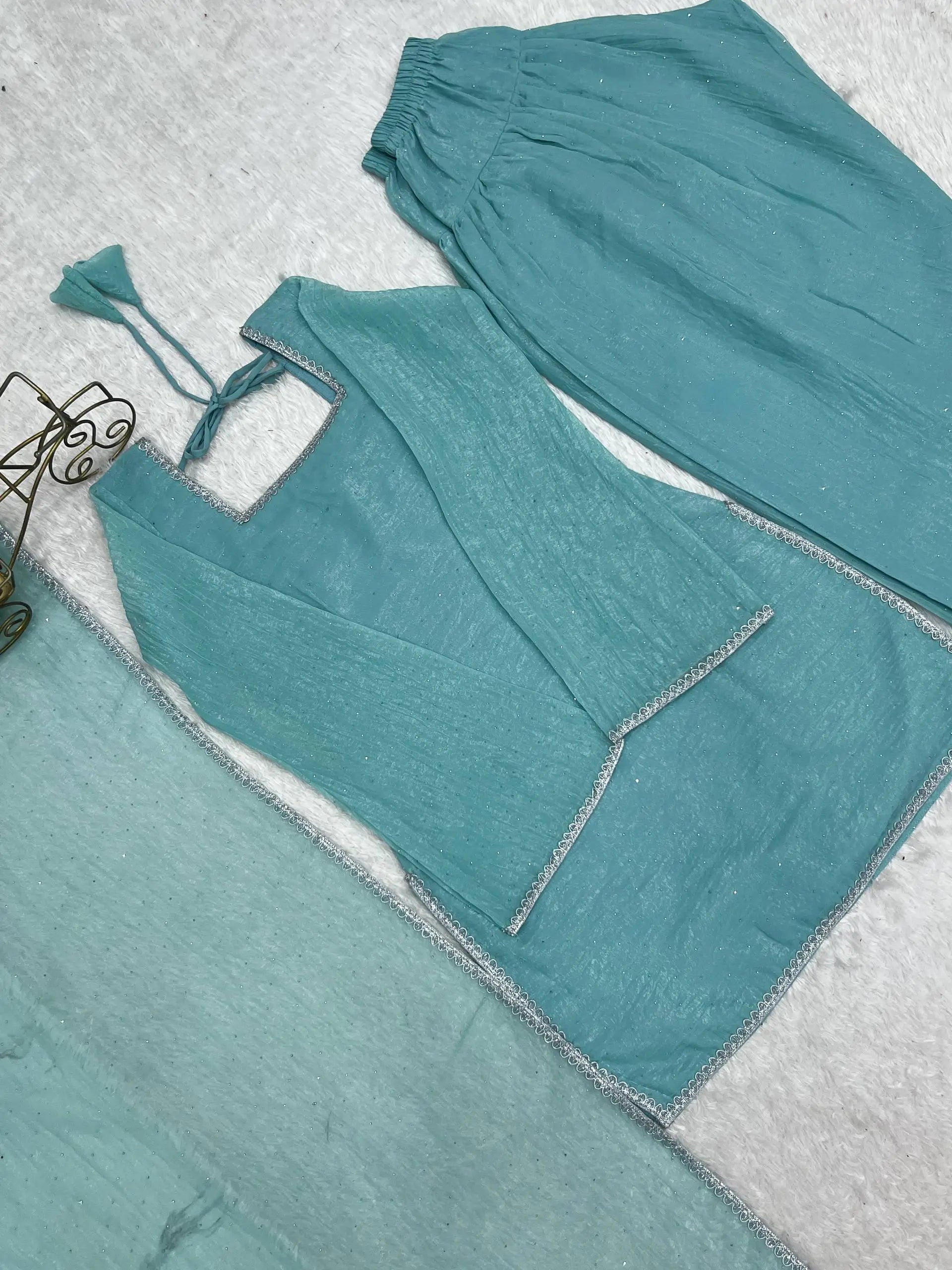 Elegant Swarovski Silk Kurta Palazzo Set with Dupatta for Festive and Party Wear