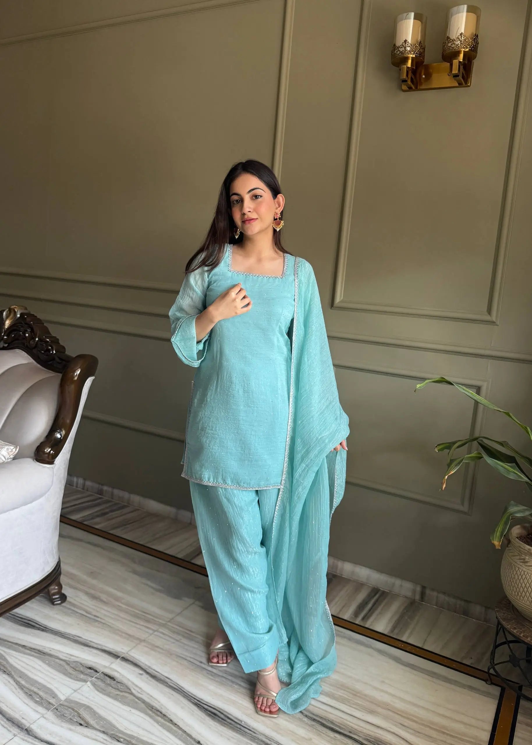 Elegant Swarovski Silk Kurta Palazzo Set with Dupatta for Festive and Party Wear