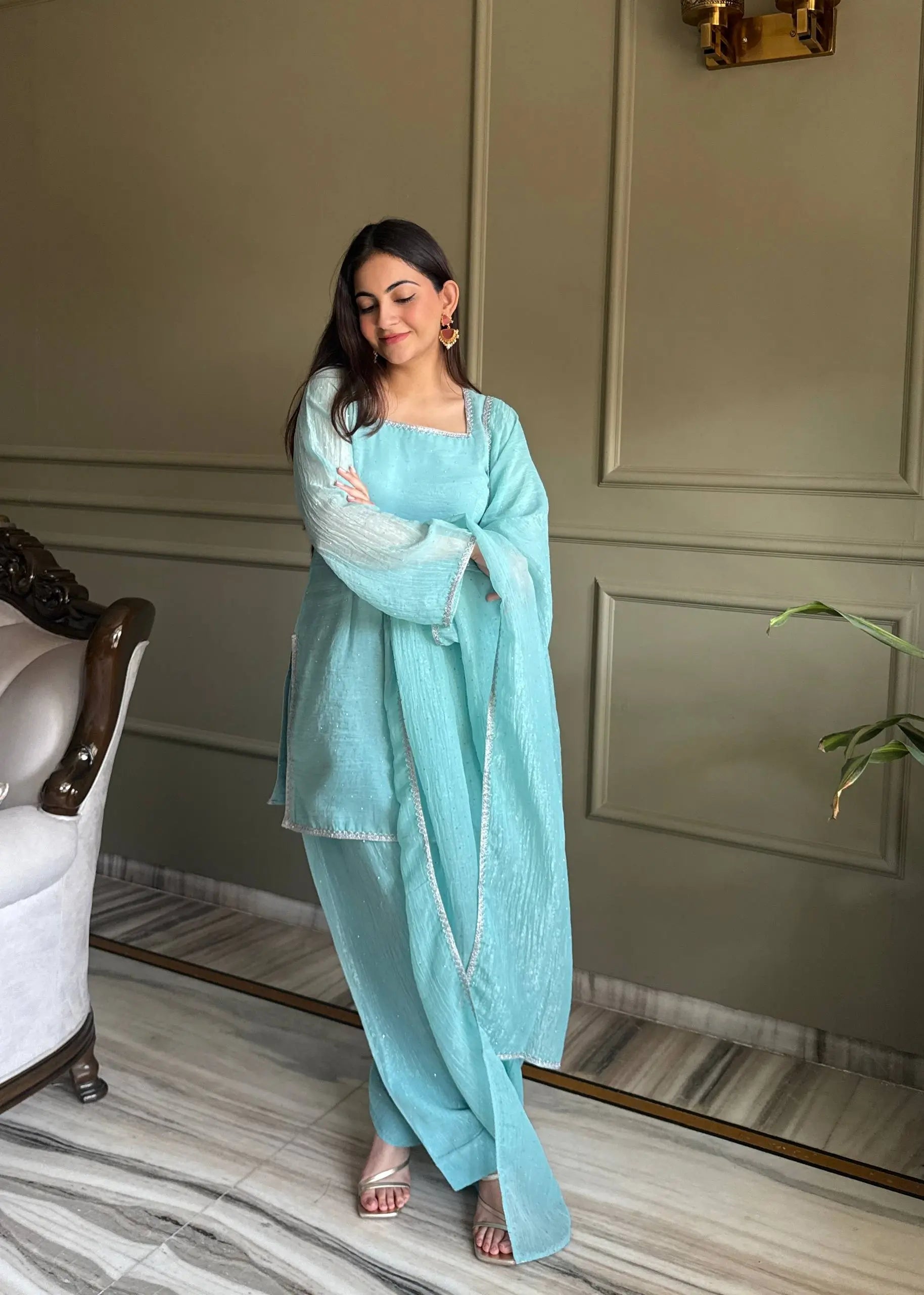 Elegant Swarovski Silk Kurta Palazzo Set with Dupatta for Festive and Party Wear