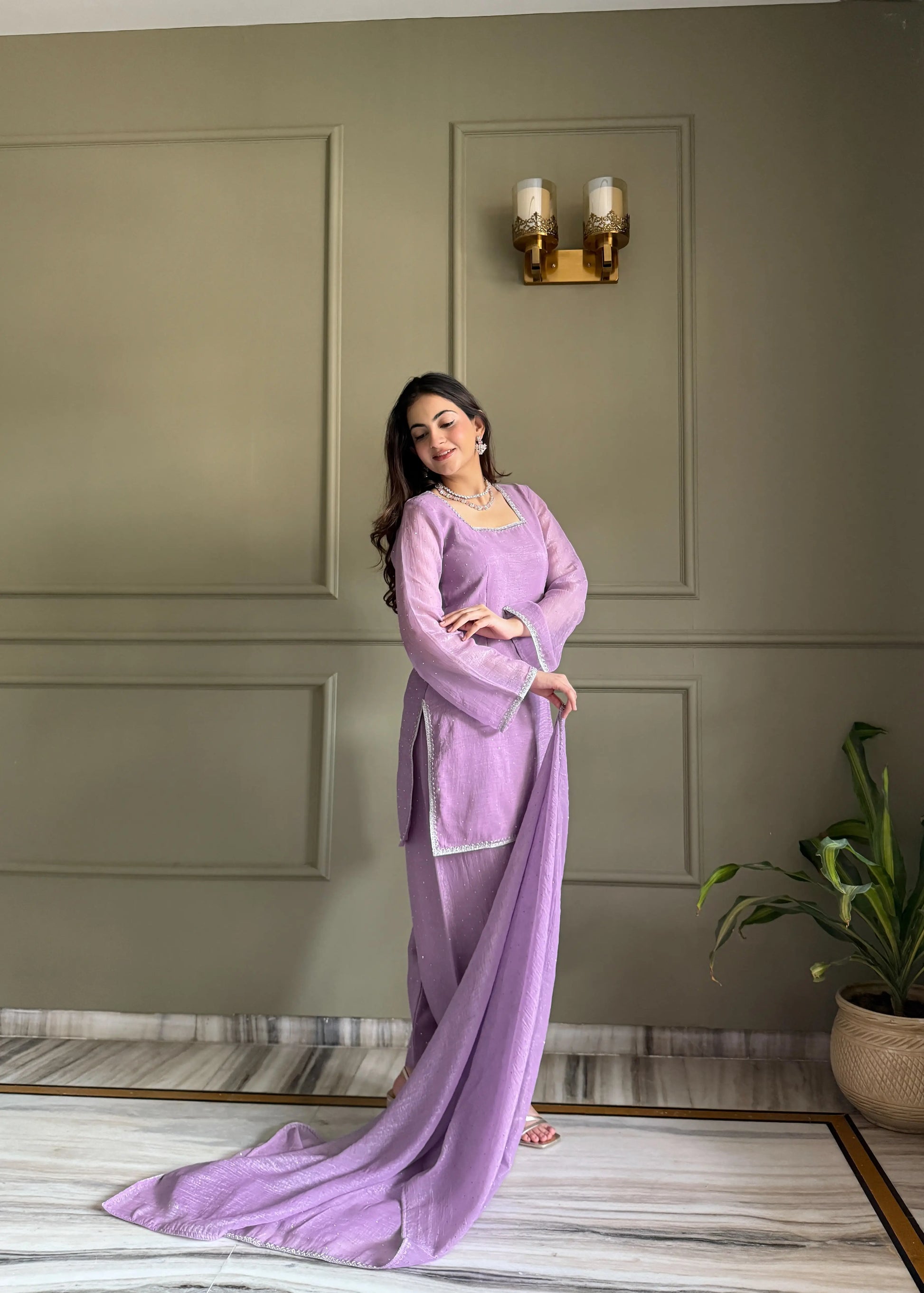 Elegant Swarovski Silk Kurta Palazzo Set with Dupatta for Festive and Party Wear