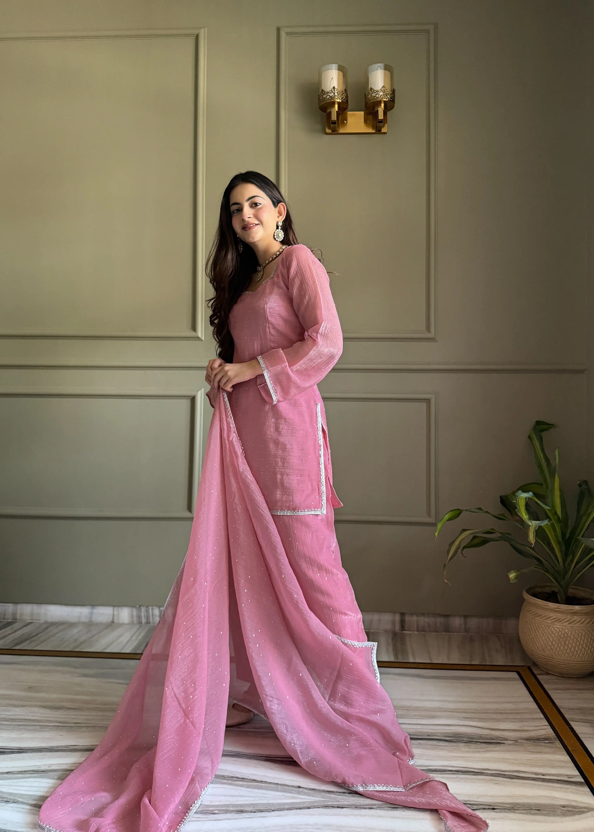 Elegant Swarovski Silk Kurta Palazzo Set with Dupatta for Festive and Party Wear