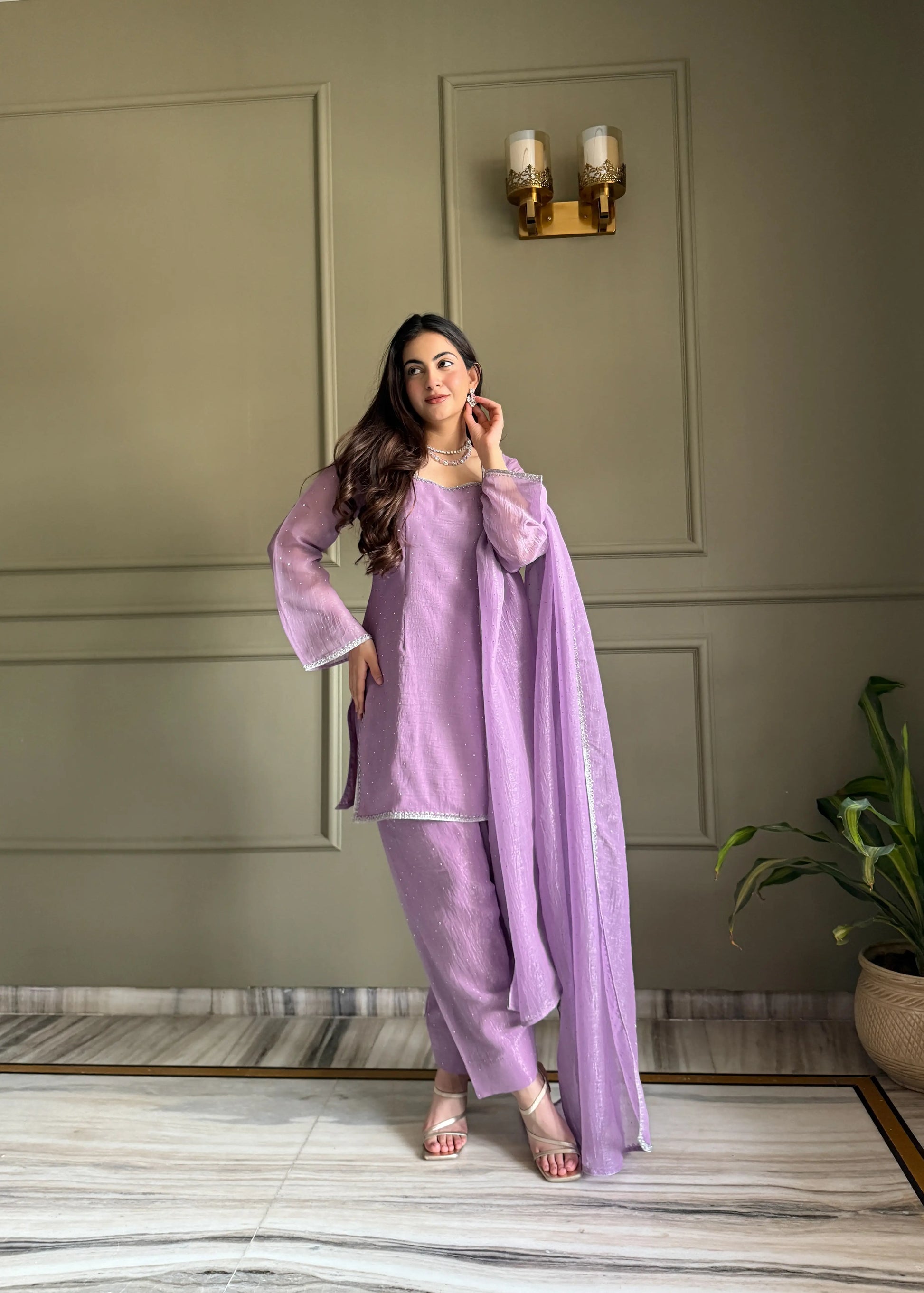 Elegant Swarovski Silk Kurta Palazzo Set with Dupatta for Festive and Party Wear