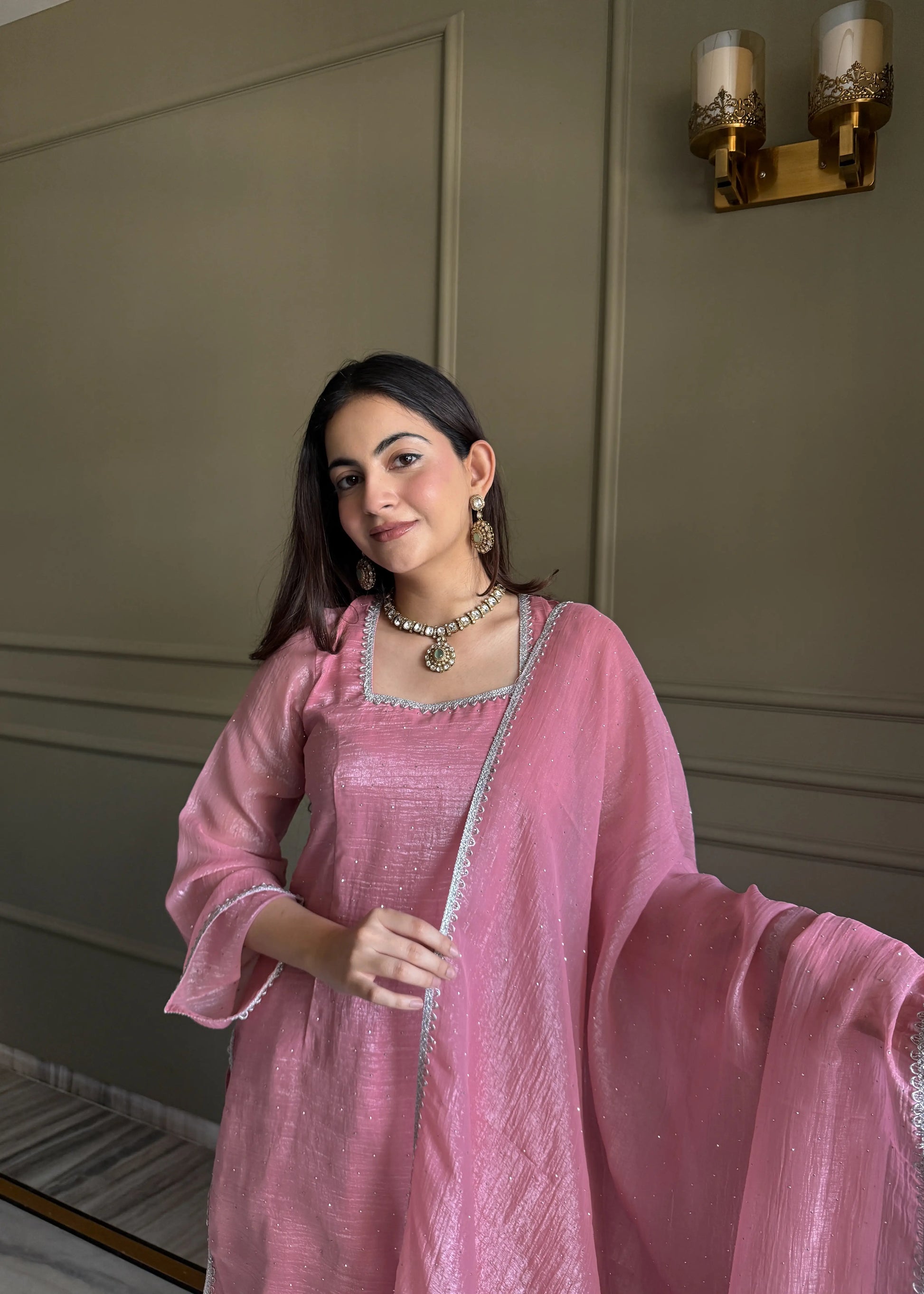 Elegant Swarovski Silk Kurta Palazzo Set with Dupatta for Festive and Party Wear