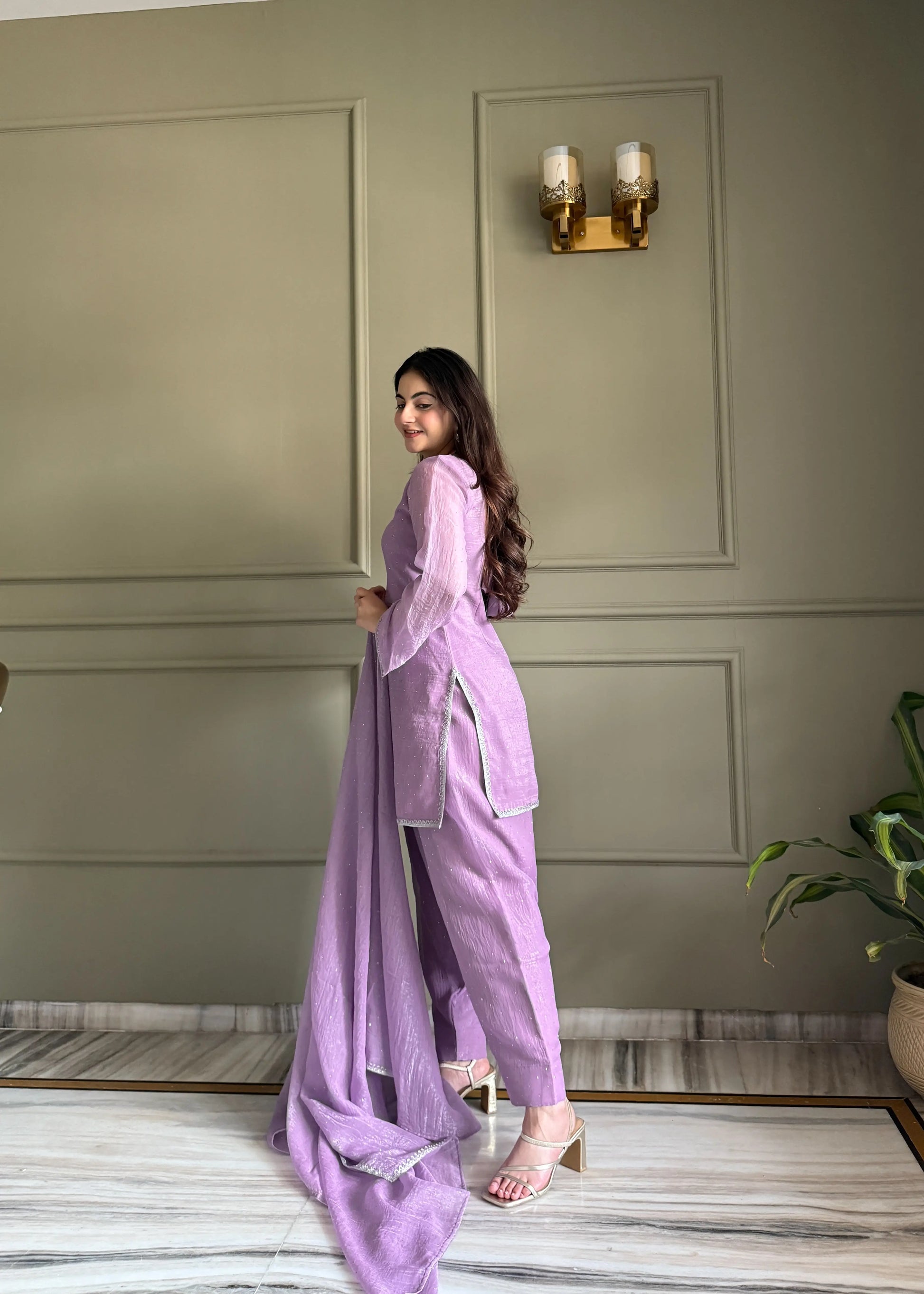 Elegant Swarovski Silk Kurta Palazzo Set with Dupatta for Festive and Party Wear