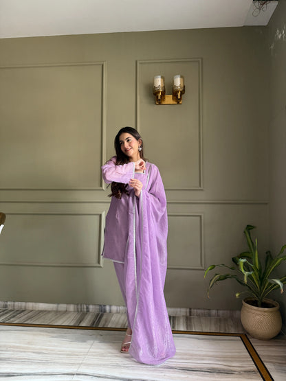 Elegant Swarovski Silk Kurta Palazzo Set with Dupatta for Festive and Party Wear