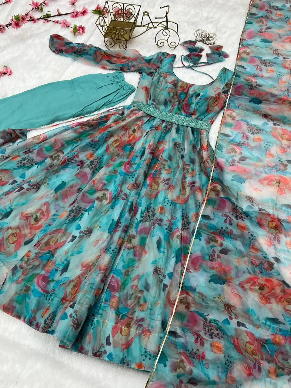 Elegant Tabby Organza Silk Anarkali Set with Dupatta