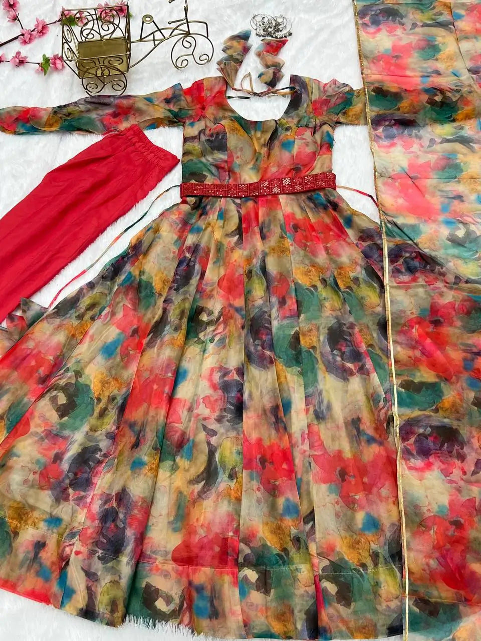 Elegant Tabby Organza Silk Anarkali Set with Dupatta