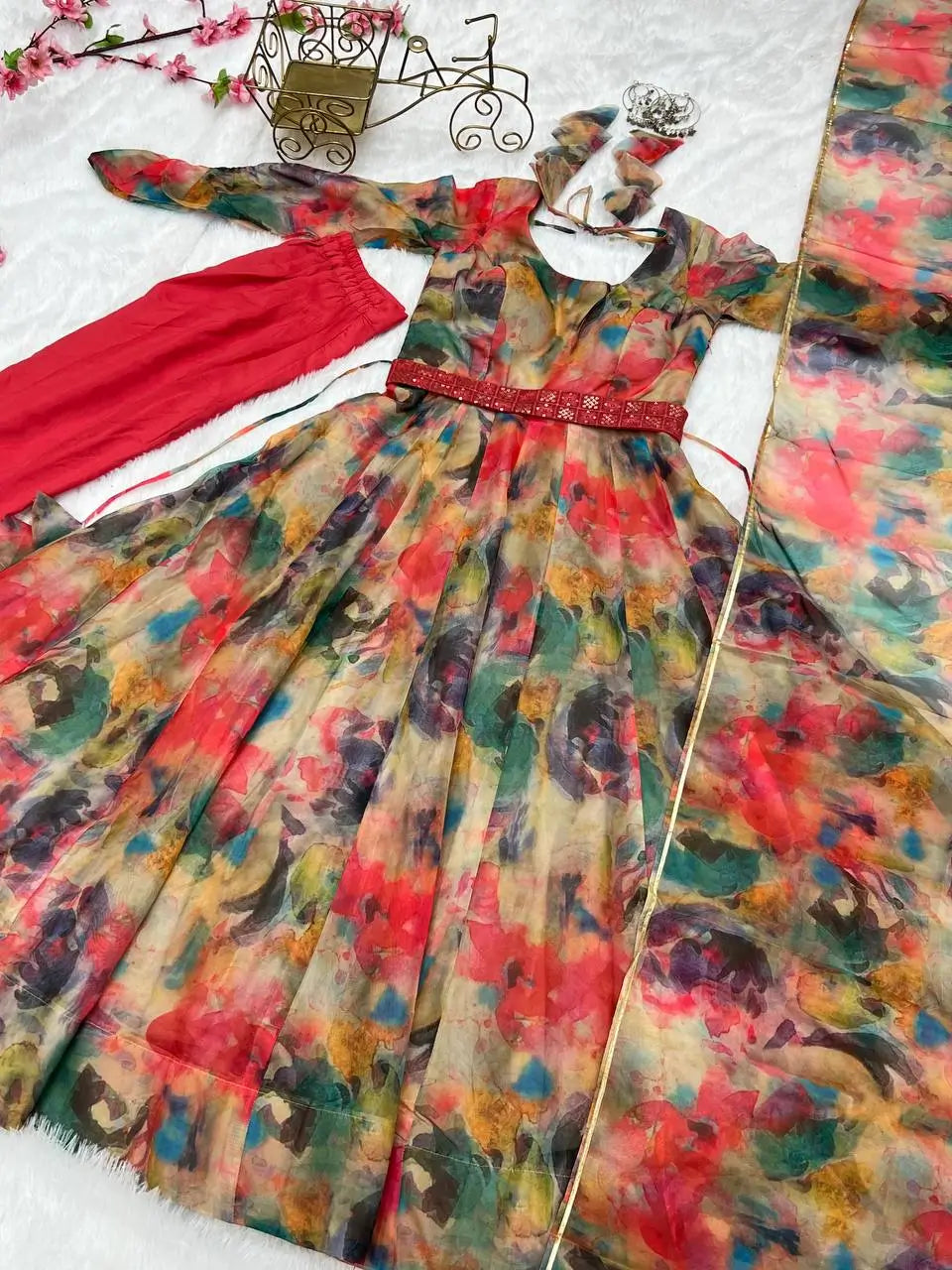 Elegant Tabby Organza Silk Anarkali Set with Dupatta