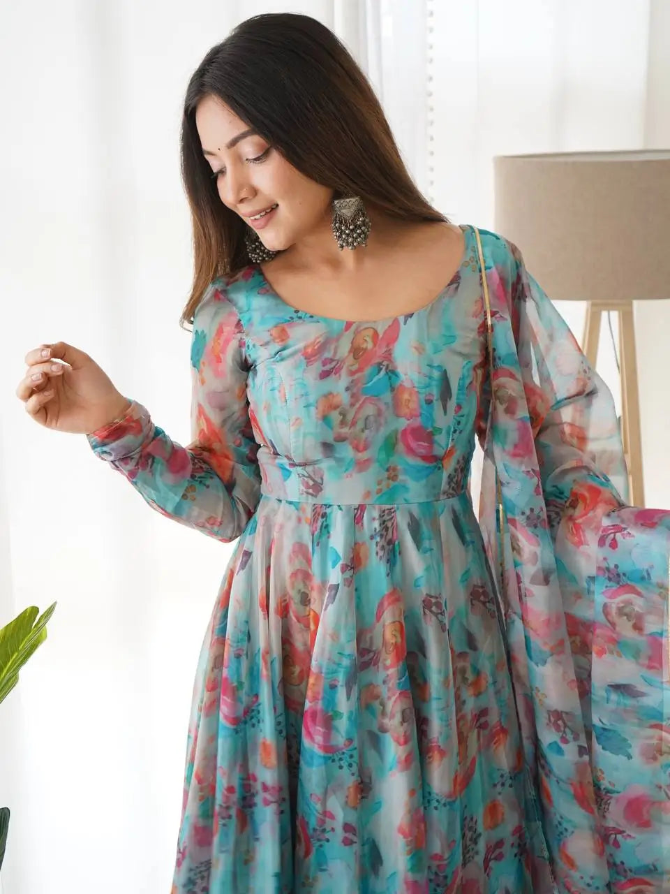 Elegant Tabby Organza Silk Anarkali Set with Dupatta