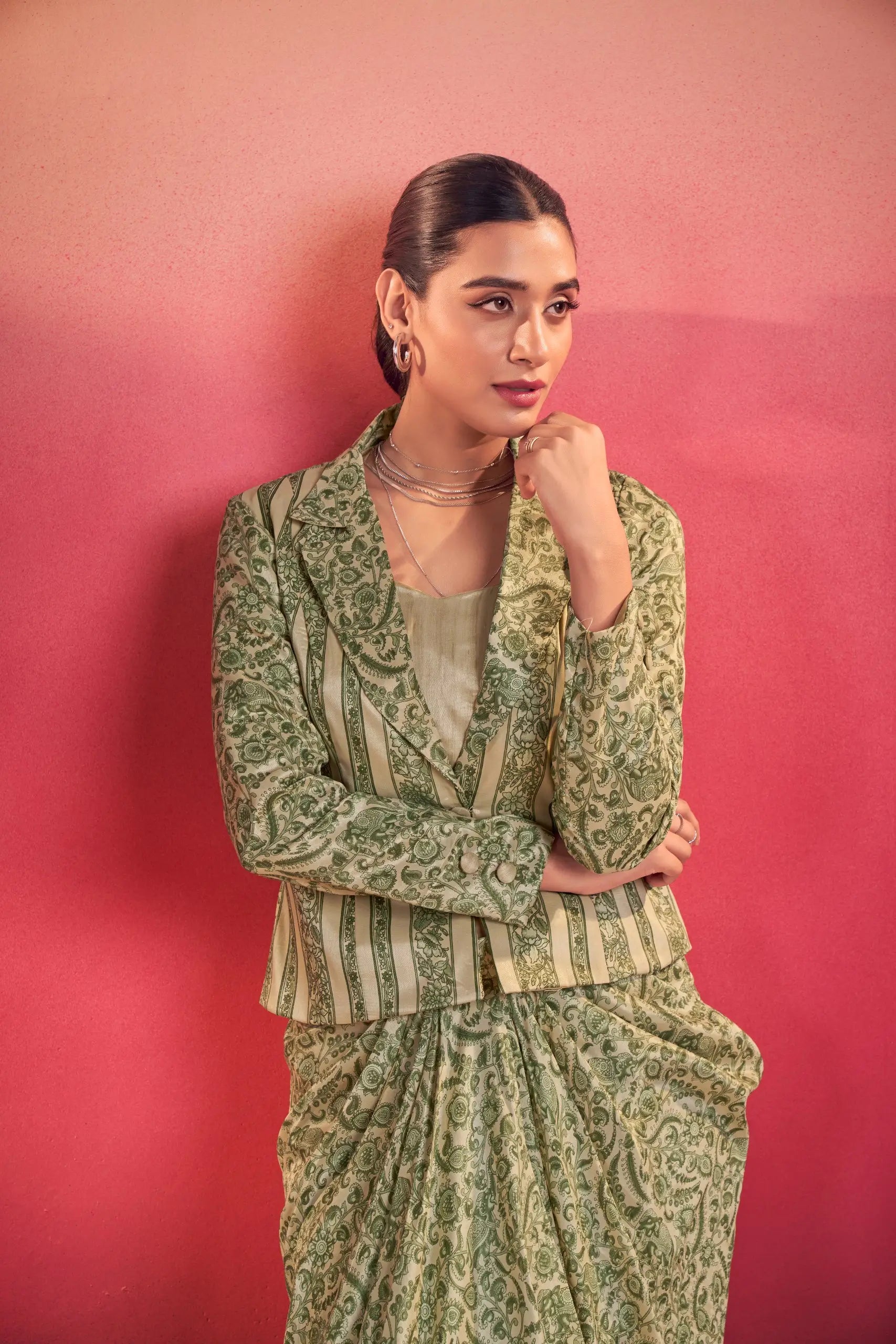 Elegant Tasar Silk Printed Co Ord Set with Jacket Layer for Festive and Occasion Wear