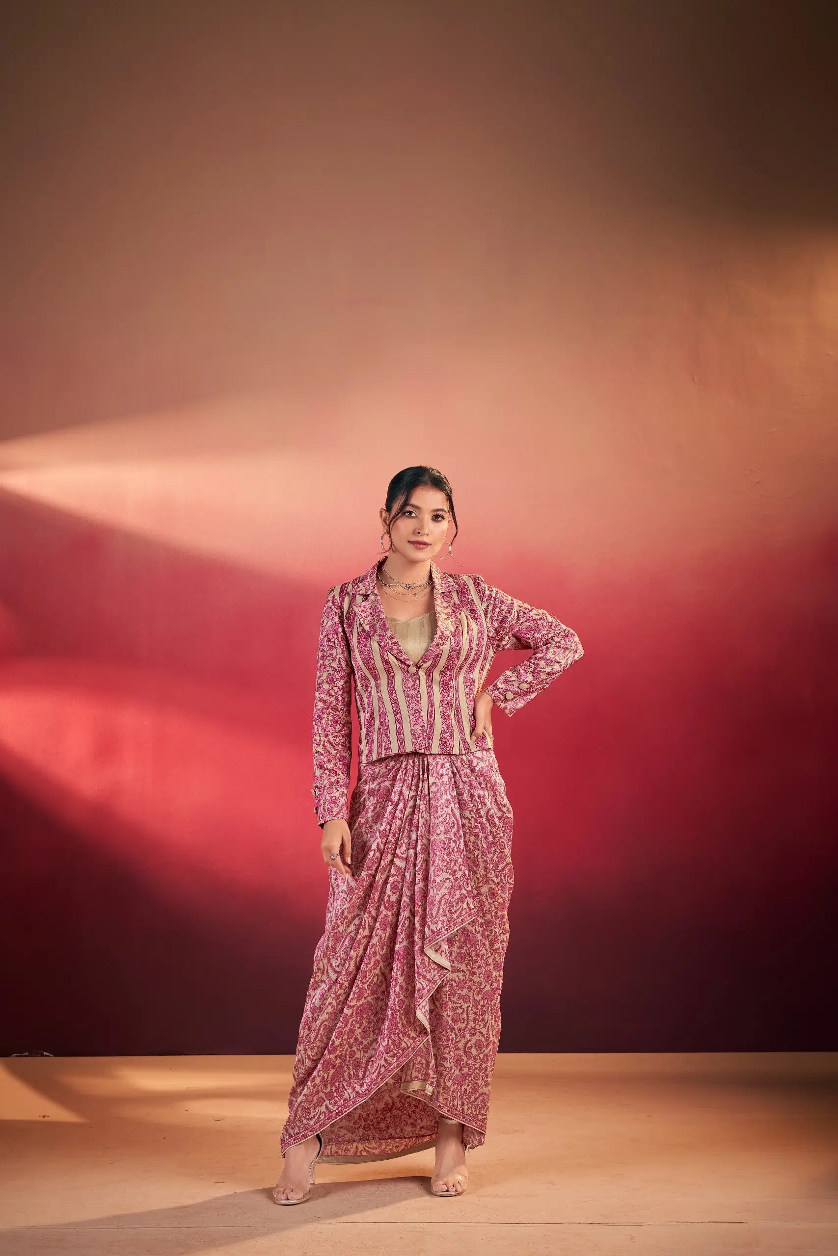 Elegant Tasar Silk Printed Co Ord Set with Jacket Layer for Festive and Occasion Wear