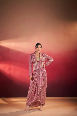 Elegant Tasar Silk Printed Co Ord Set with Jacket Layer for Festive and Occasion Wear