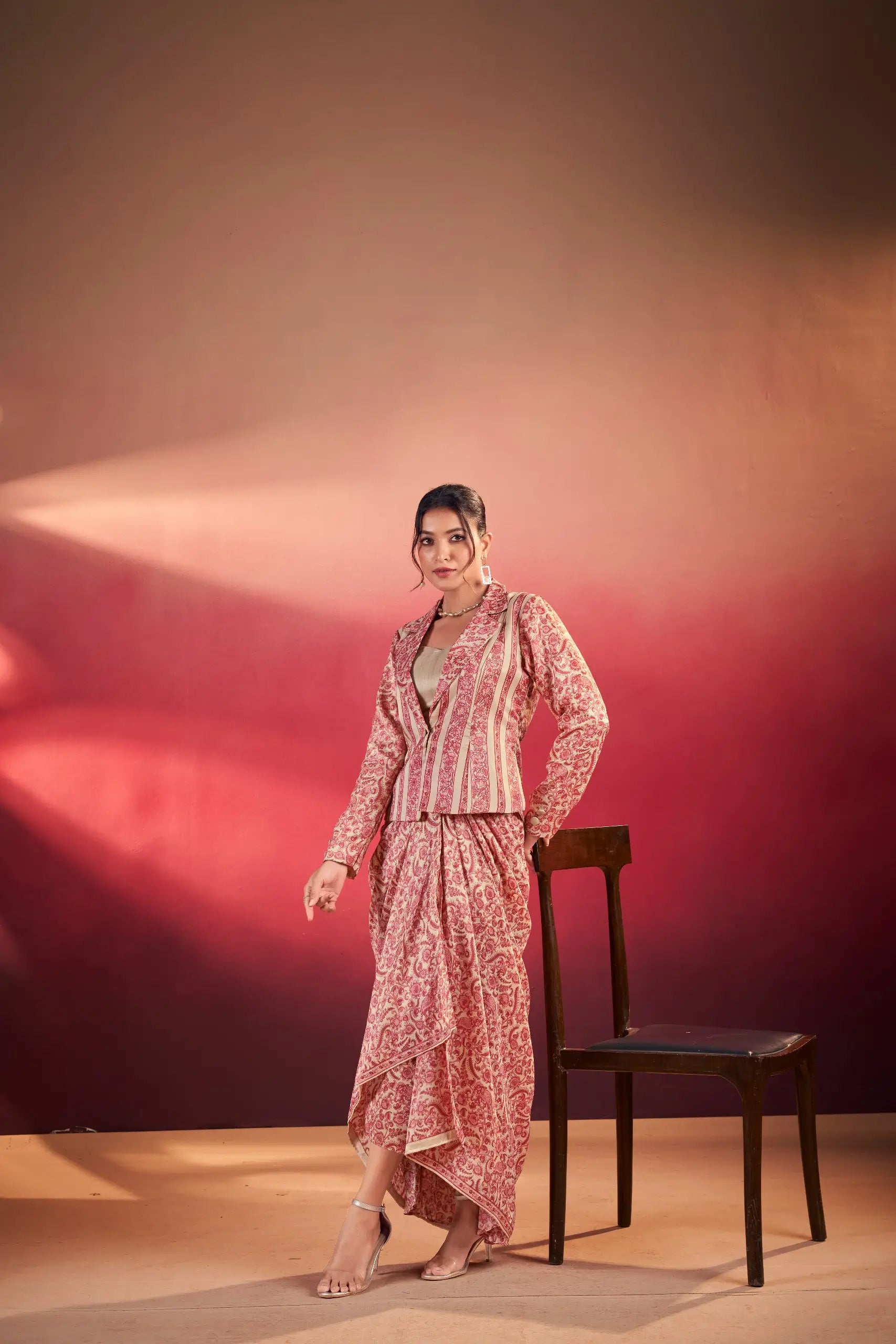 Elegant Tasar Silk Printed Co Ord Set with Jacket Layer for Festive and Occasion Wear