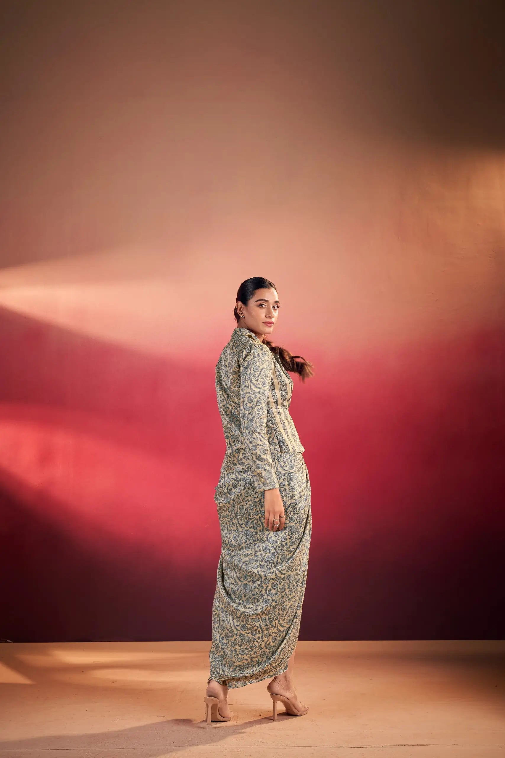 Elegant Tasar Silk Printed Co Ord Set with Jacket Layer for Festive and Occasion Wear