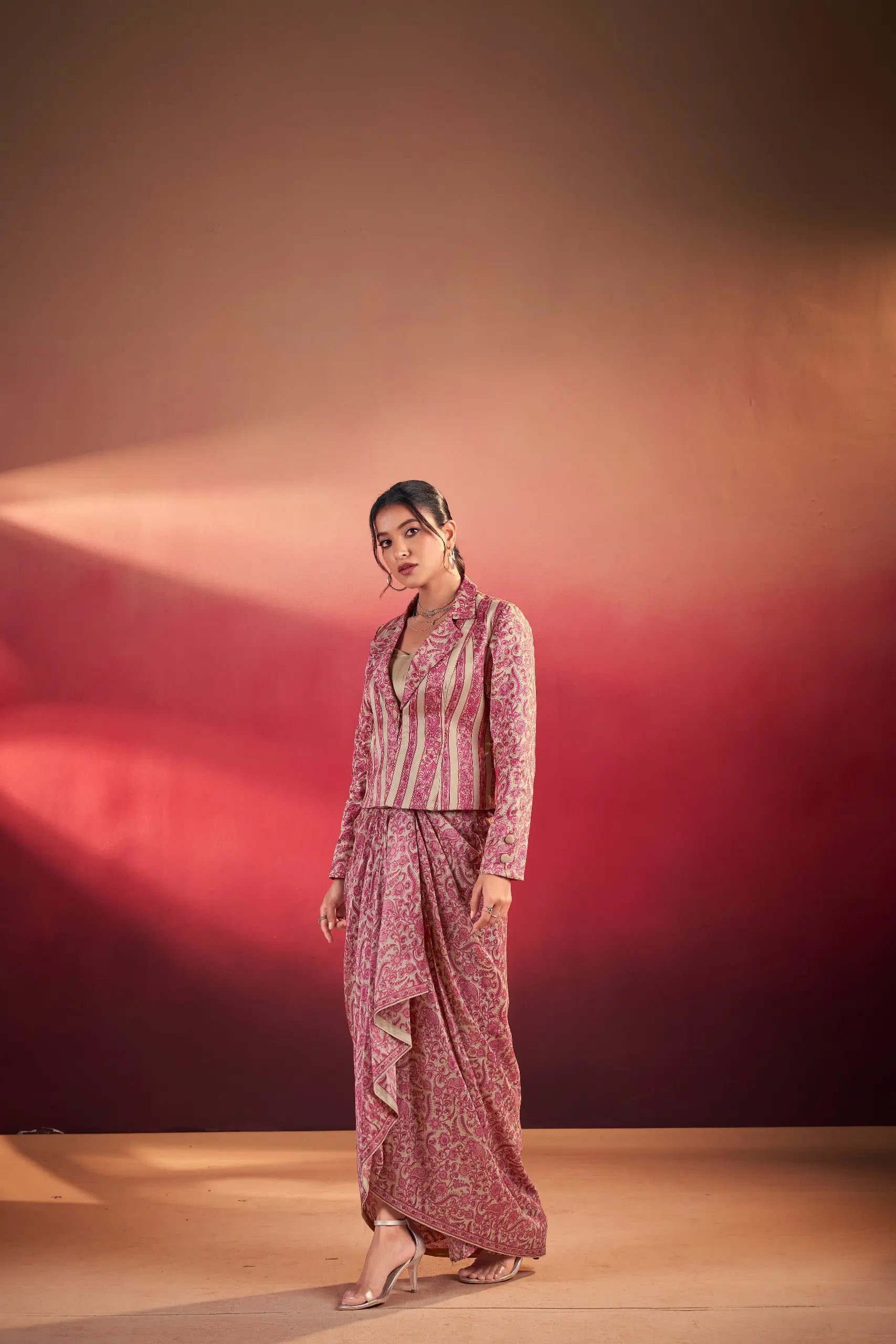 Elegant Tasar Silk Printed Co Ord Set with Jacket Layer for Festive and Occasion Wear
