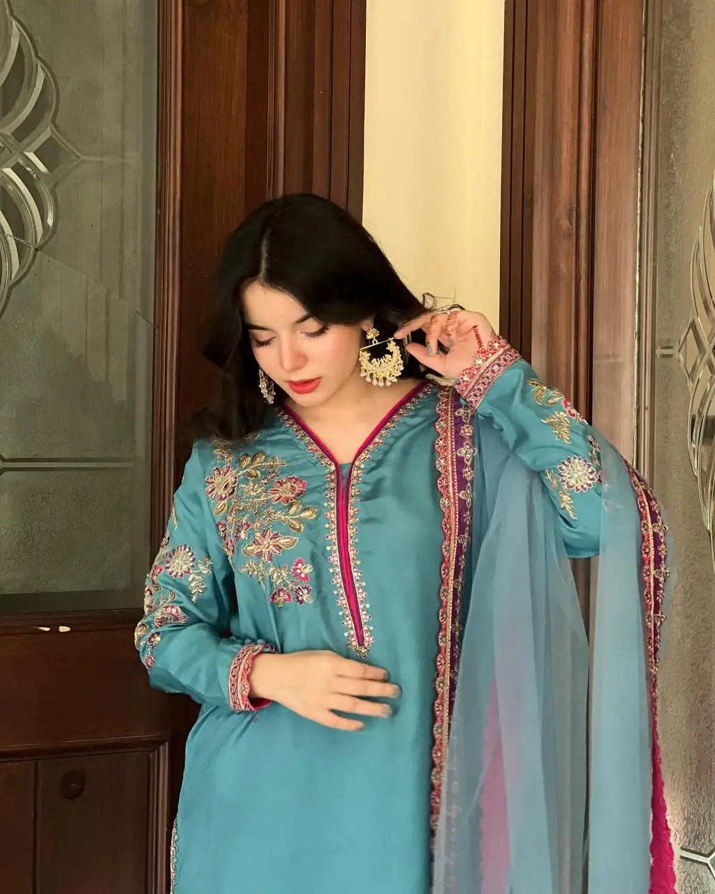 Elegant Teal Blue Embroidered Palazzo Suit with Dupatta