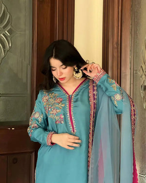 Elegant Teal Blue Embroidered Palazzo Suit with Dupatta