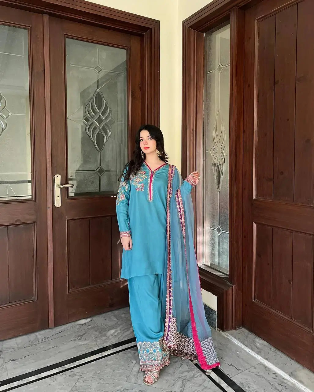 Elegant Teal Blue Embroidered Palazzo Suit with Dupatta