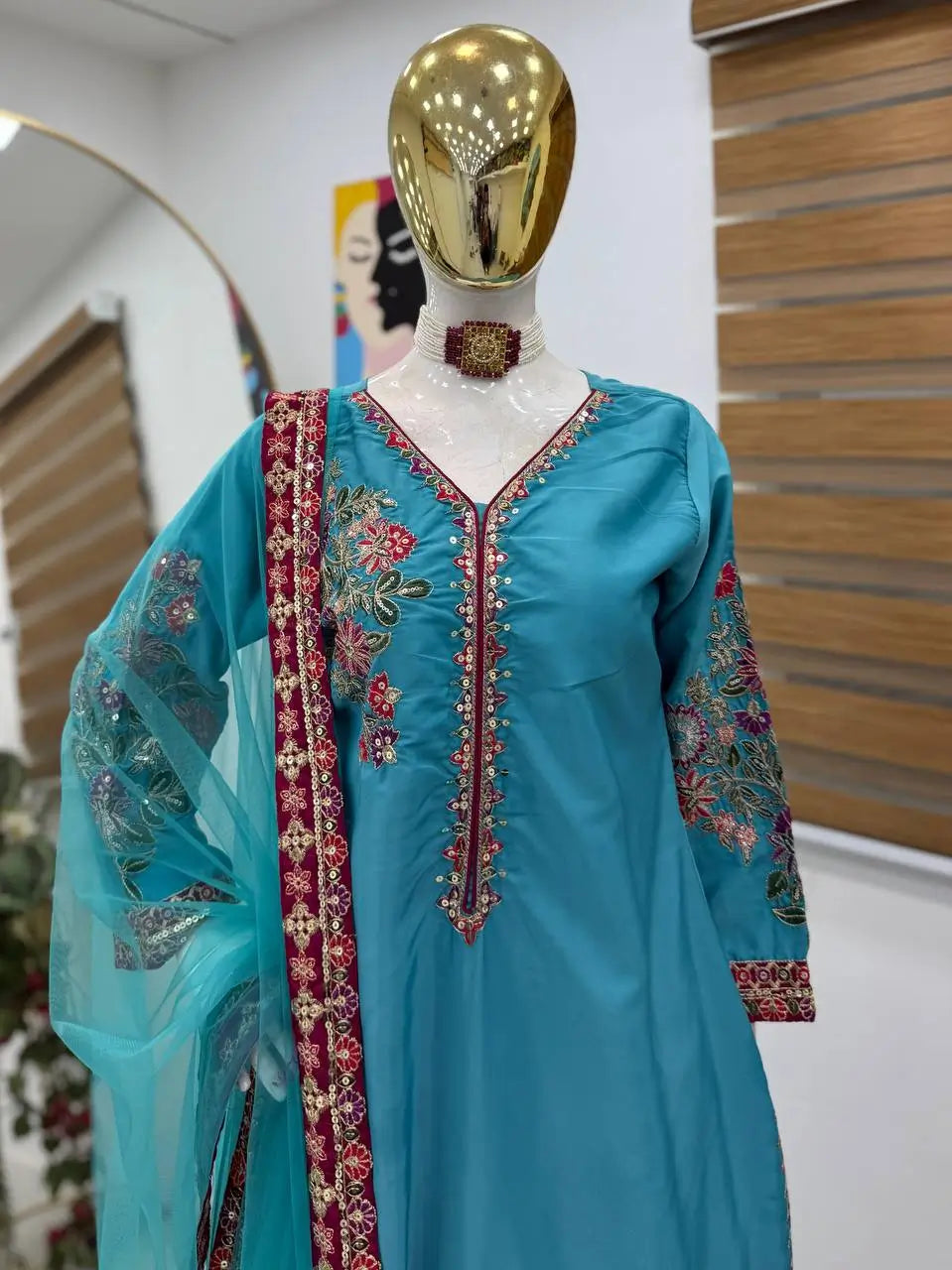 Elegant Teal Blue Embroidered Palazzo Suit with Dupatta