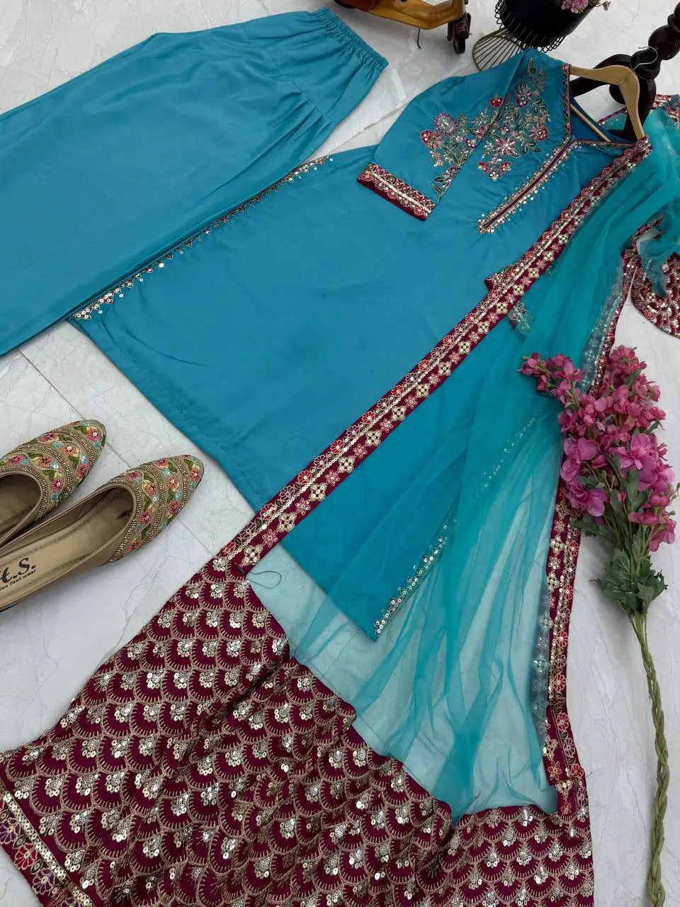 Elegant Teal Blue Embroidered Palazzo Suit with Dupatta