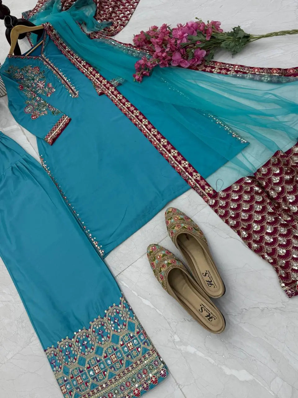 Elegant Teal Blue Embroidered Palazzo Suit with Dupatta