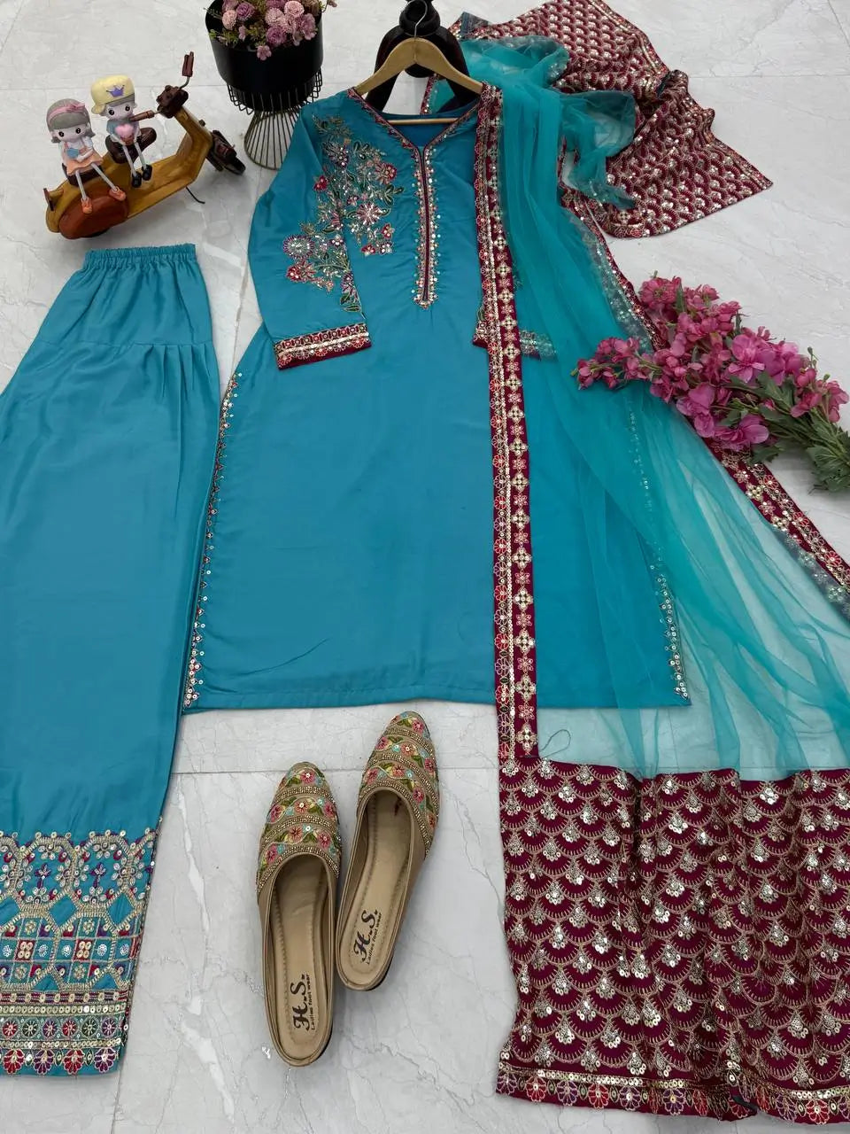 Elegant Teal Blue Embroidered Palazzo Suit with Dupatta