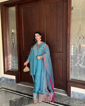 Elegant Teal Blue Embroidered Palazzo Suit with Dupatta