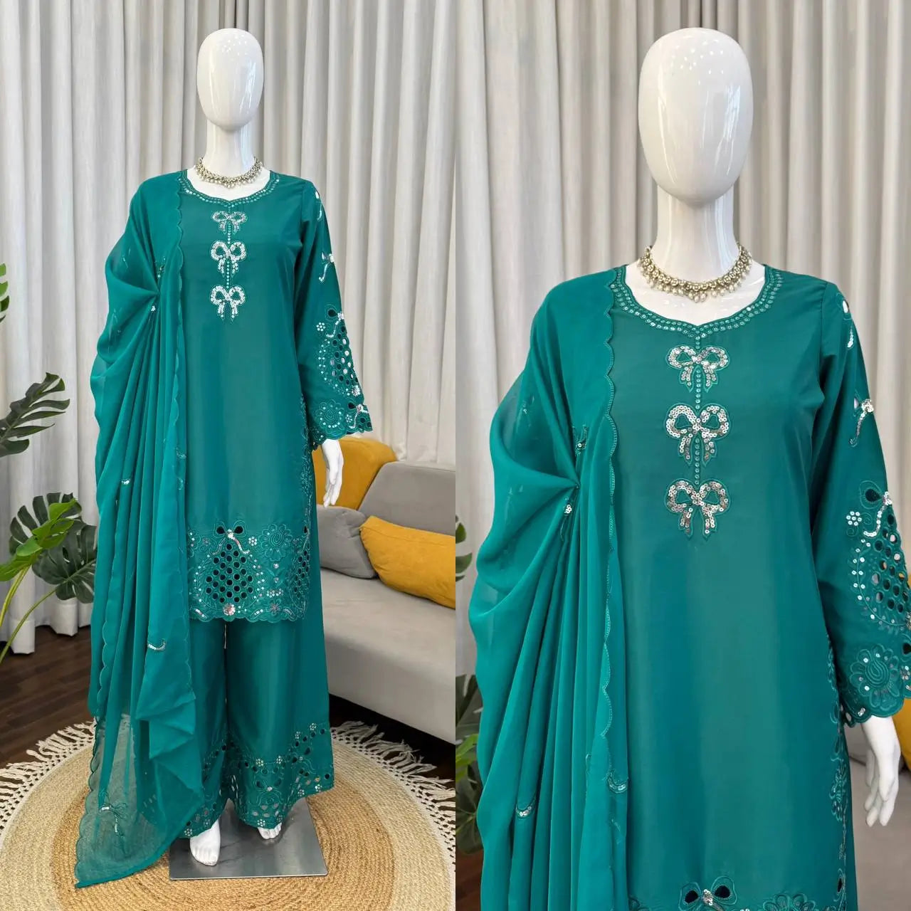 Elegant Thread Work Silk Suit Set for Festive and Family Occasions