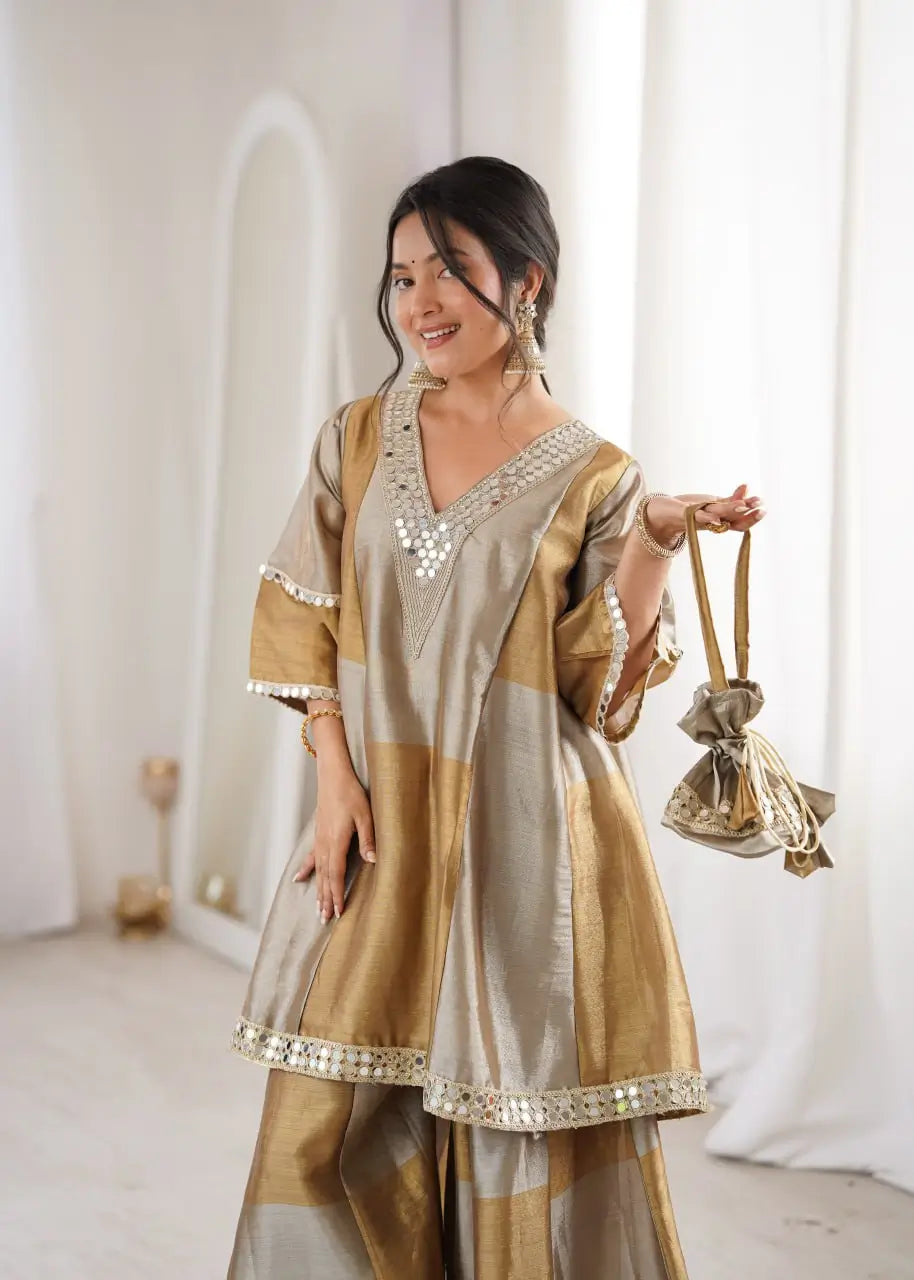 Elegant Tissue Silk Kurta Palazzo Set with Mirror Work for Festive and Occasion Wear
