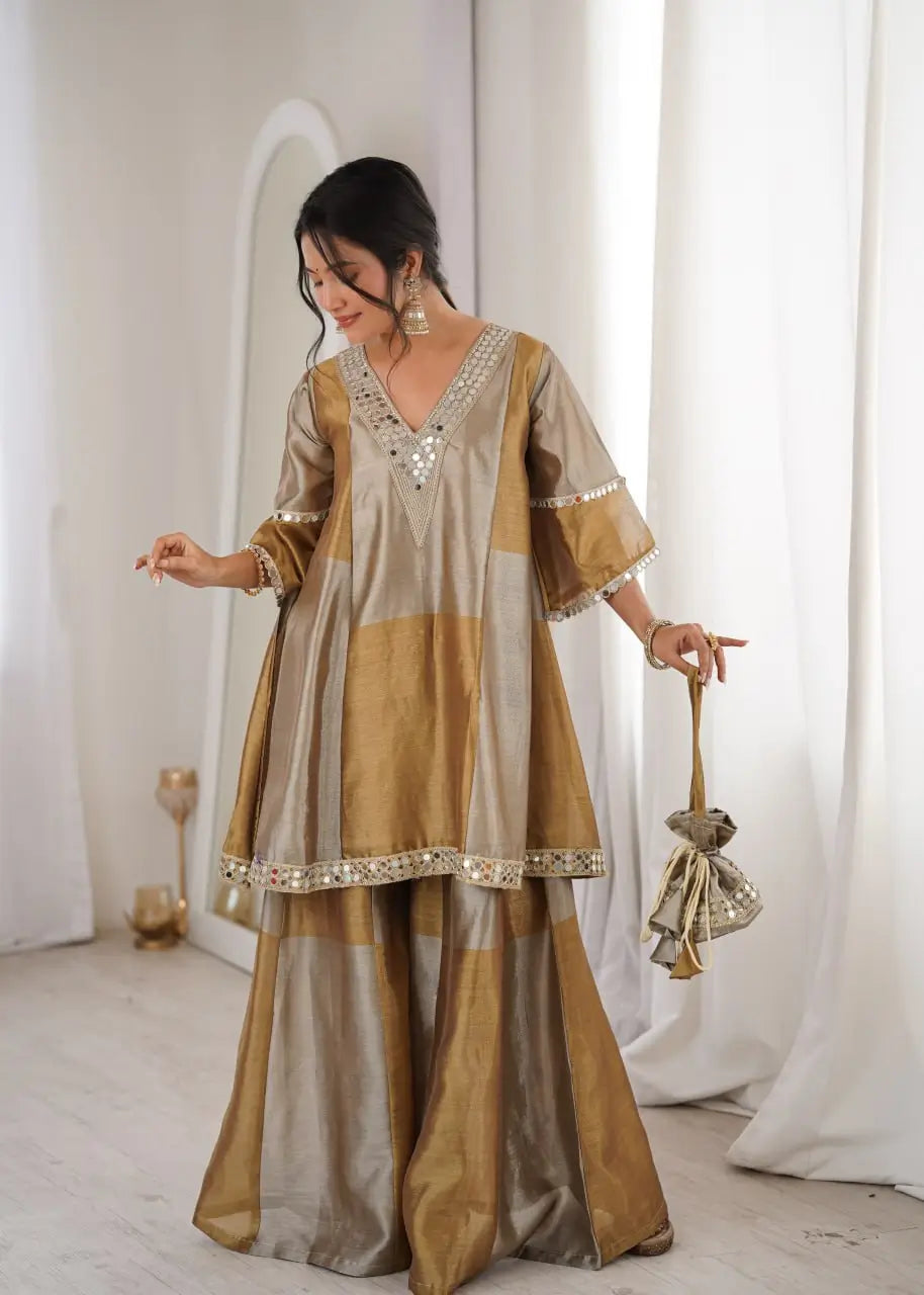 Elegant Tissue Silk Kurta Palazzo Set with Mirror Work for Festive and Occasion Wear