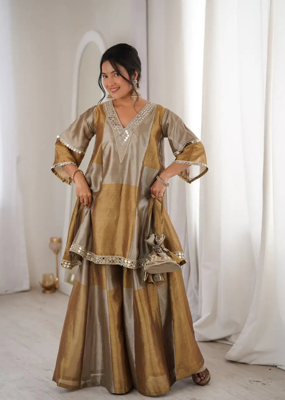 Elegant Tissue Silk Kurta Palazzo Set with Mirror Work for Festive and Occasion Wear