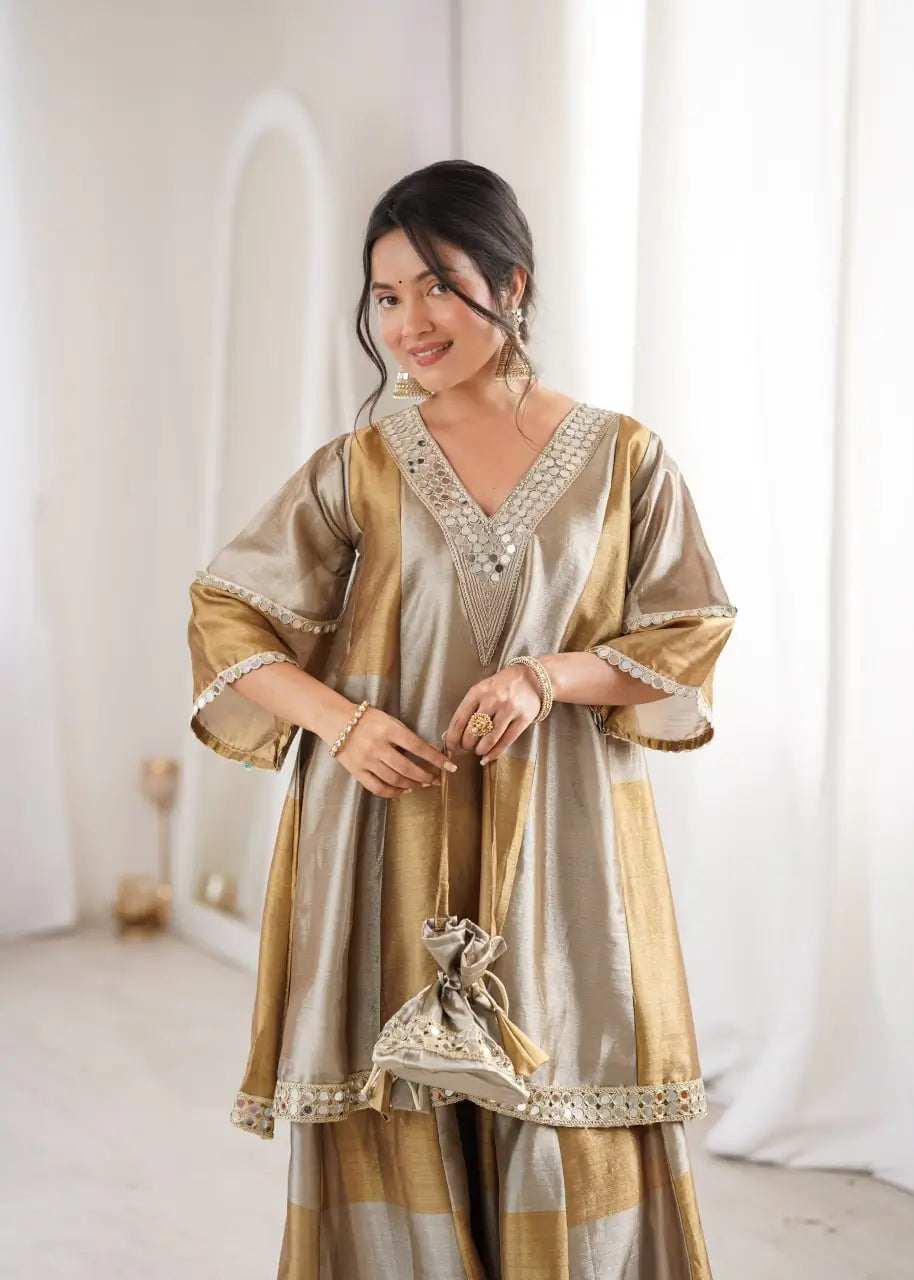 Elegant Tissue Silk Kurta Palazzo Set with Mirror Work for Festive and Occasion Wear