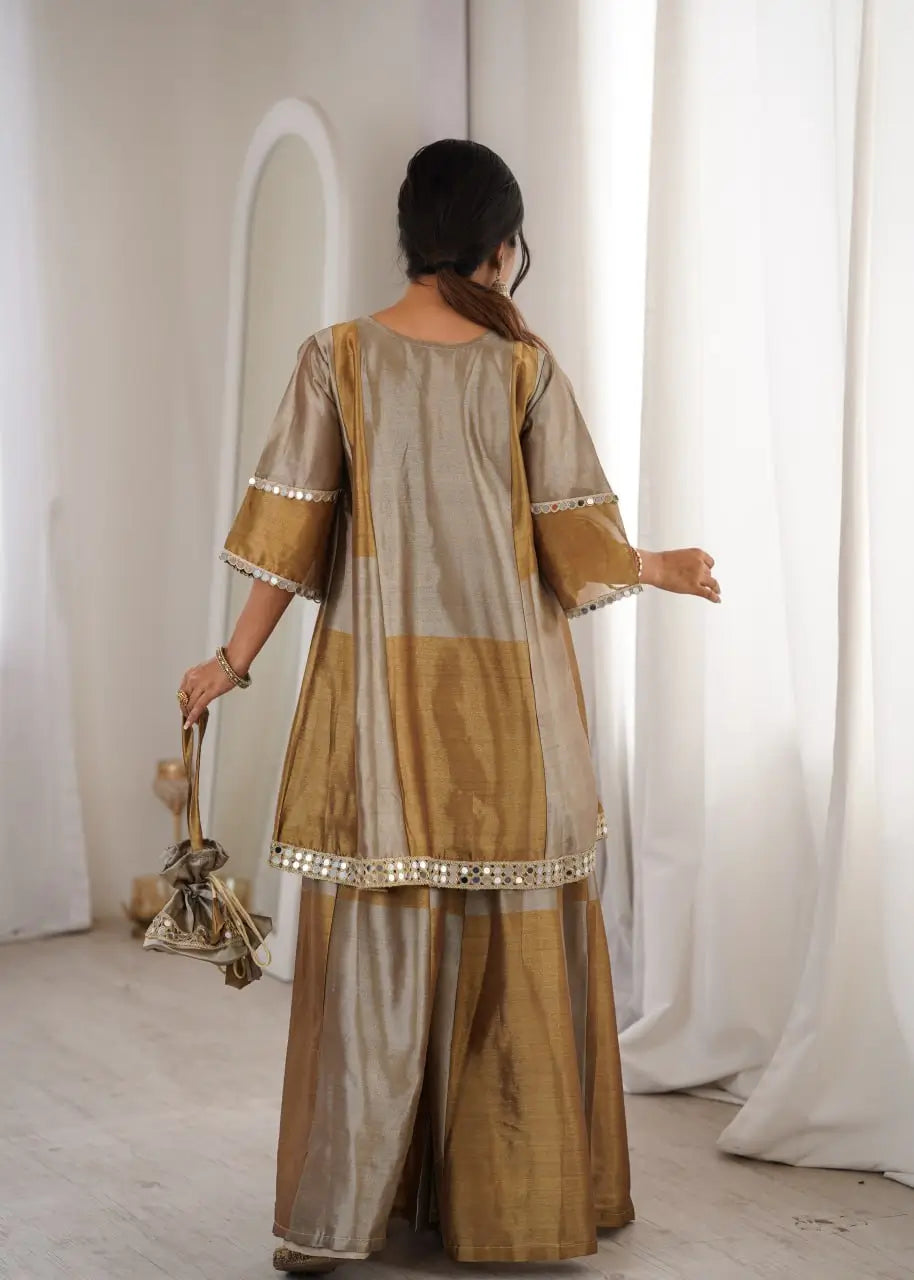 Elegant Tissue Silk Kurta Palazzo Set with Mirror Work for Festive and Occasion Wear