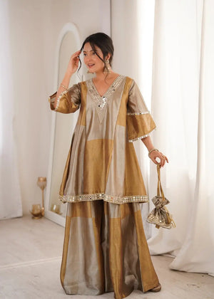 Elegant Tissue Silk Kurta Palazzo Set with Mirror Work for Festive and Occasion Wear